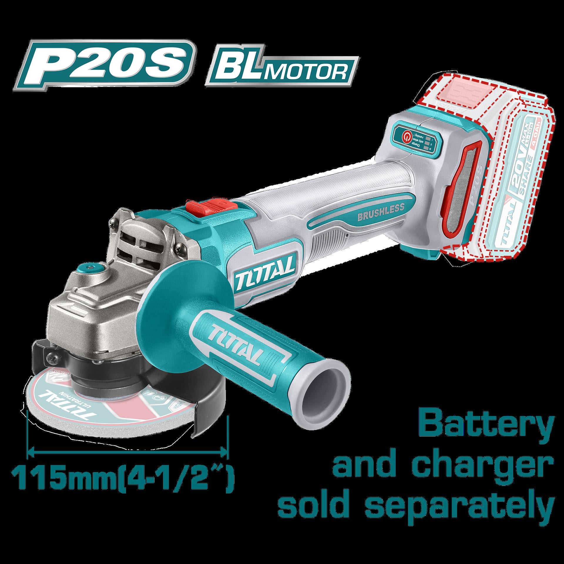 PULIDORA INALAMBRICA 4 1/2 INDUSTRIAL 20V BATERIA Y CARGADOR NO INCLUIDO MOTOR SIN ESCOBILLAS SUPER TOTAL (UTAGLI21154)