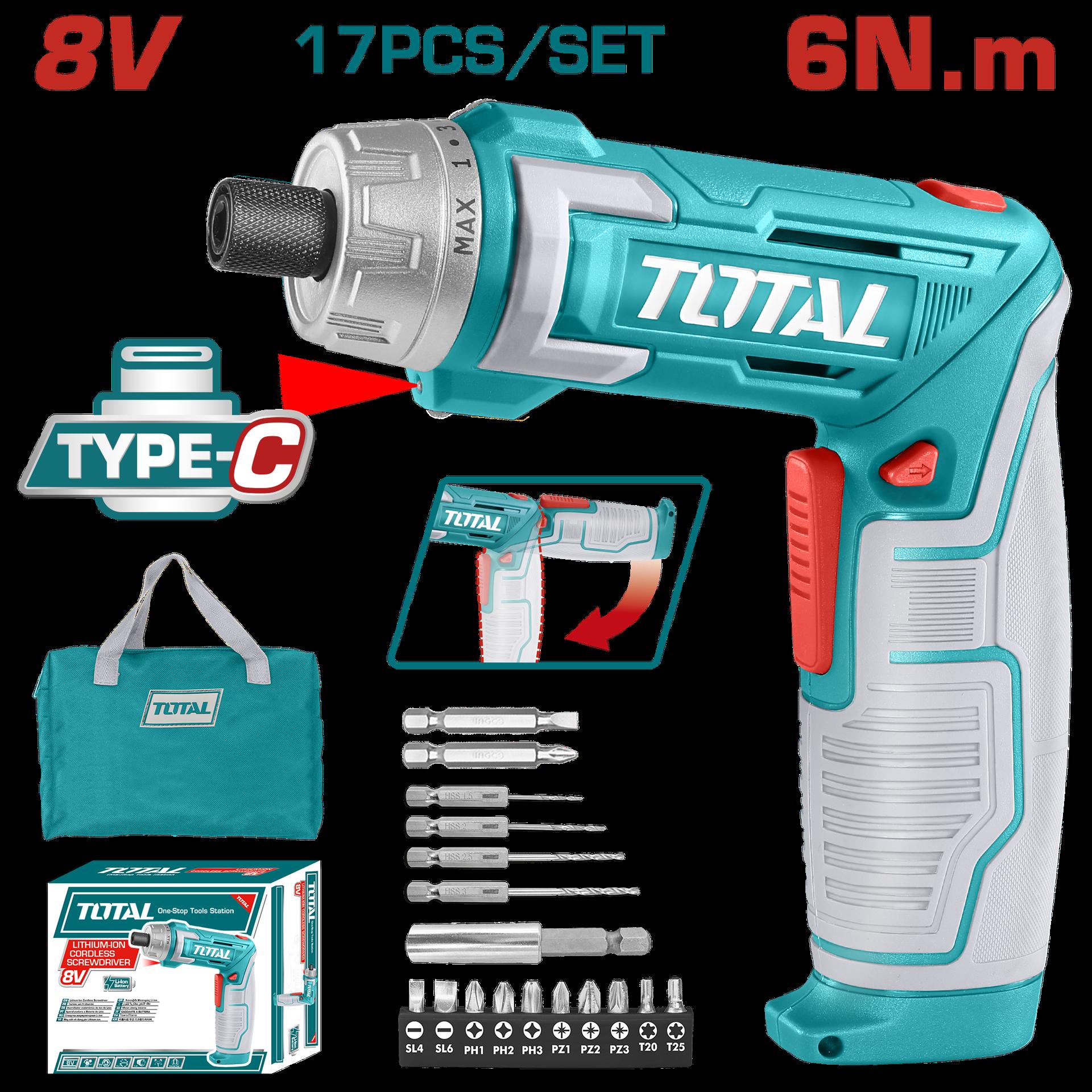 ATORNILLADOR INALAMBRICO 8V ESTUCHE PLASTICO + 17 PIEZAS TOTAL (TSDLI0802)