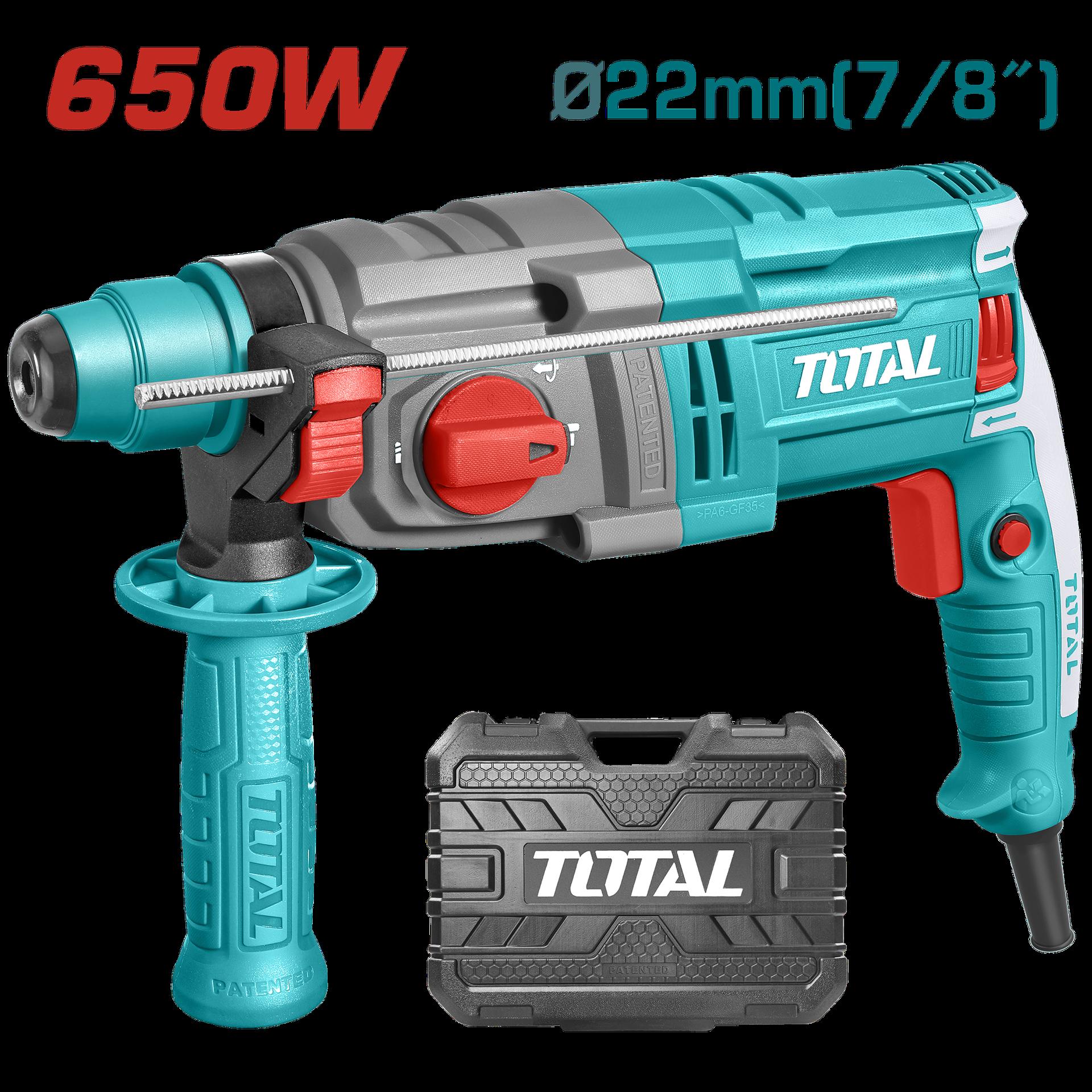 TALADRO ROTOMARTILLO SDS PLUS 650W 1,7 JOULES 110-120V INCLUYE 2 BROCAS Y 1 JUEGO DE ESCOBILLAS SUPER TOTAL (UTH306236)