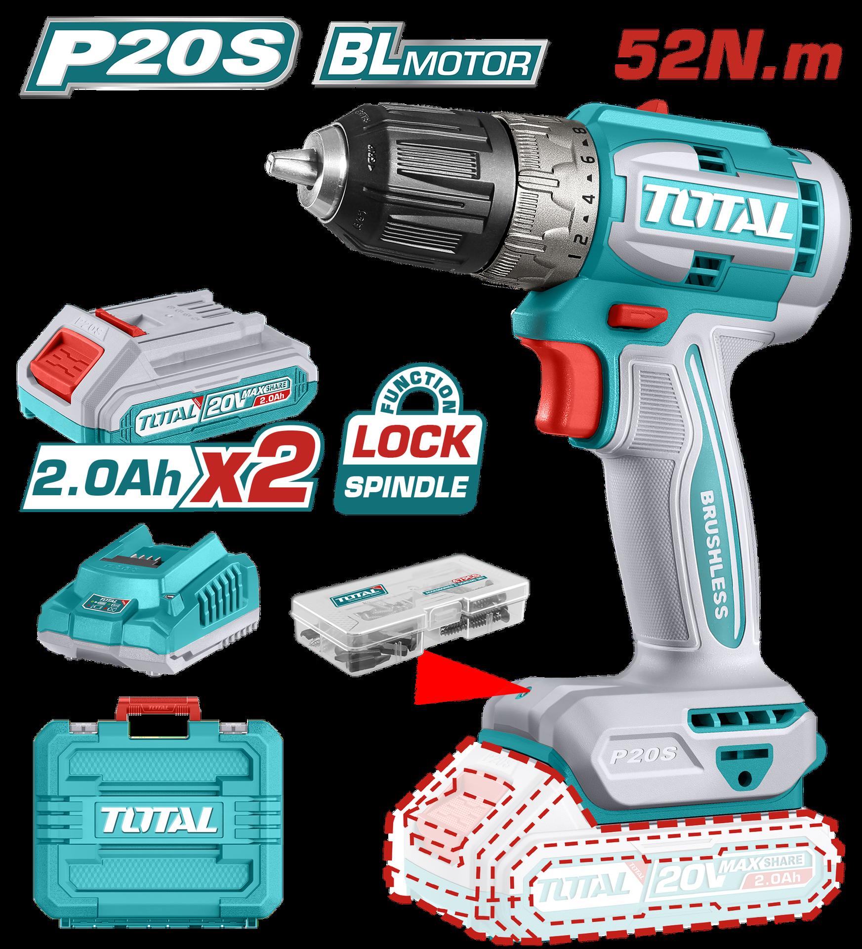 TALADRO INALAMBRICO 1/32 3/8" 20V 52NM INCLUYE 2 BATERIA DE 2.0AH, CARGADOR,47 ACCESORIOS TOTAL (UTDLI20453)