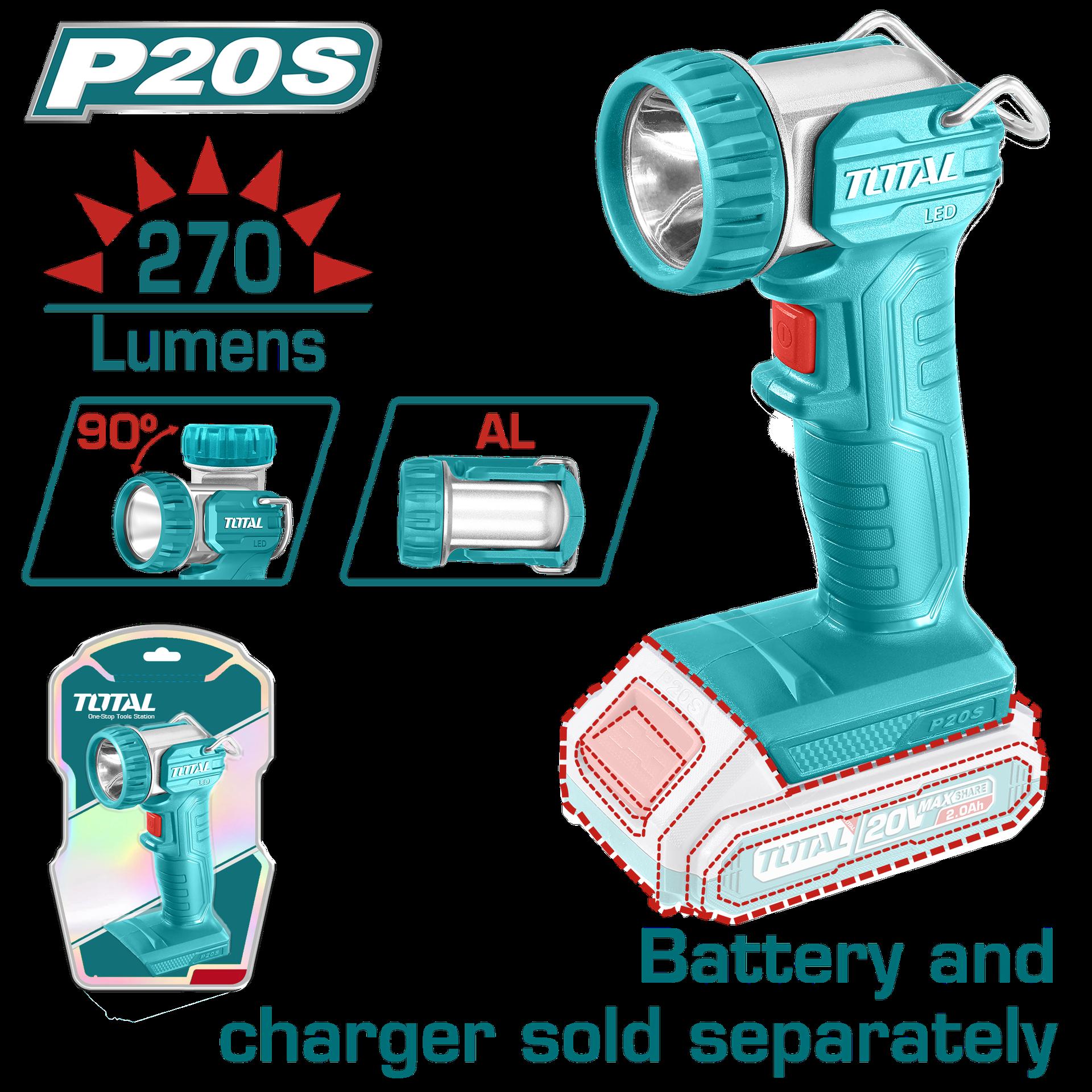 LINTERNA INALAMBRICA 270 LUMENES 20V INDUSTRIAL BATERIA Y CARGADOR NO INCLUIDO SUPER TOTAL (TWLI2038)