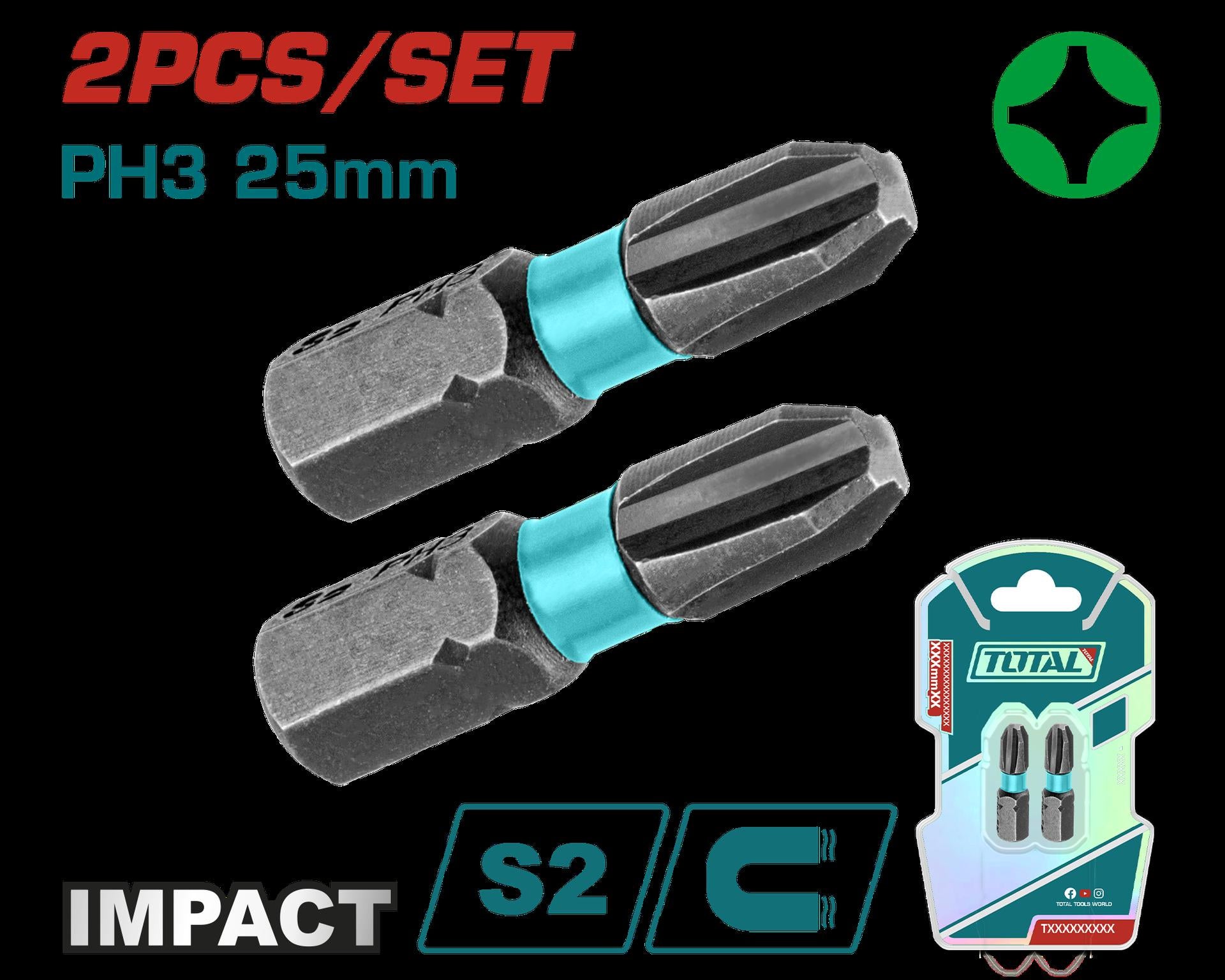 PUNTAS TALADRO IMANTADA PH3 25MM (+) (+) JUEGO X 2 PZS INDUSTRIAL SUPER TOTAL (TACIM71PH325)