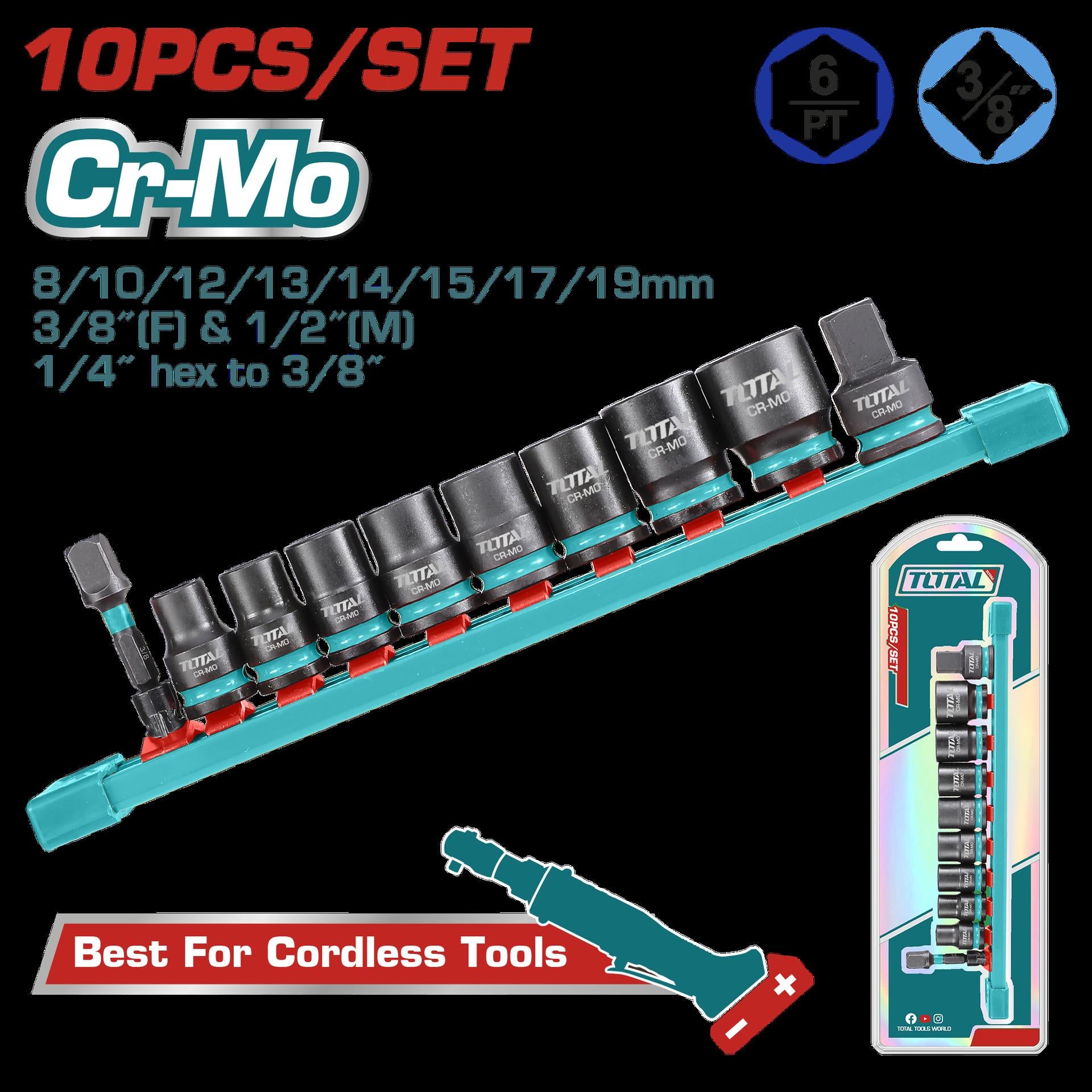 COPAS DE IMPACTO 3/8 JUEGO X 10PZS 8 - 19 MM INDUSTRIAL SUPER TOTAL (THTISD38104)