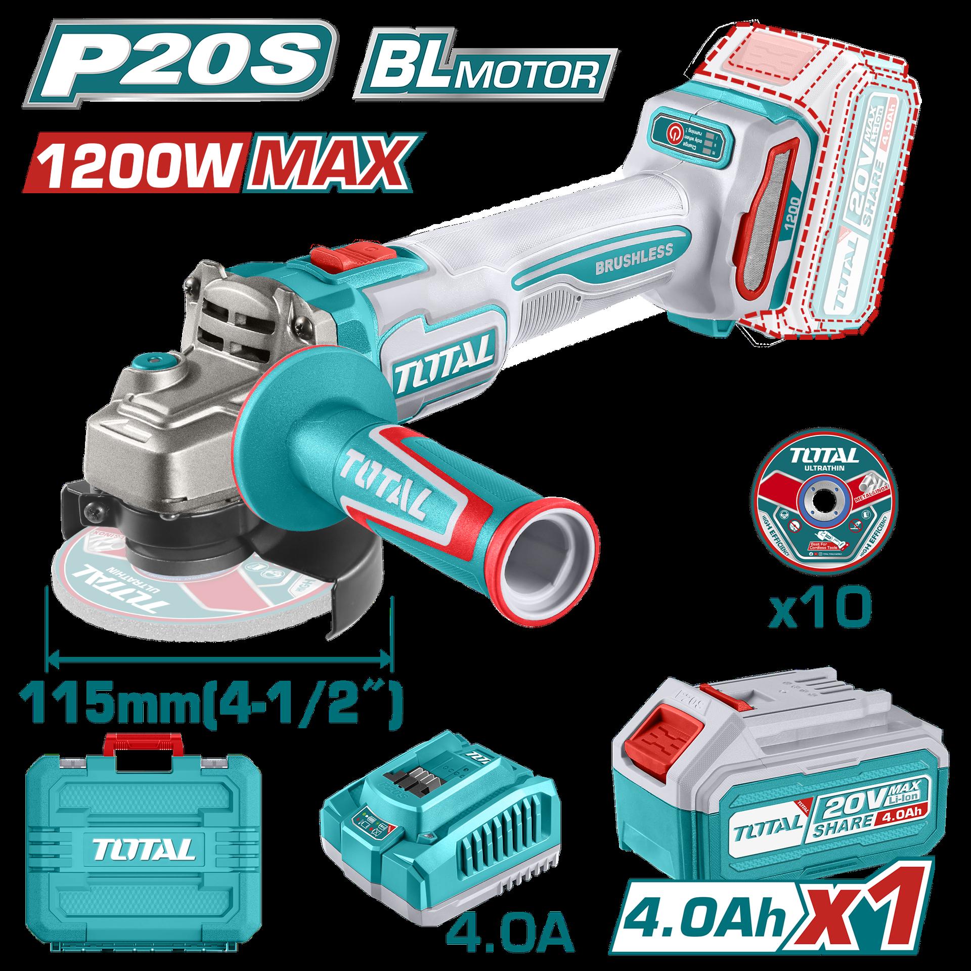 PULIDORA INALAMBRICA 4 1/2 INDUSTRIAL 20 V 1200W INCLUYE BATERIA 4.0 AH, CARGADOR Y 10 DISCOS, MOTOR SIN ESCOBILLAS INDUSTRIAL SUPER TOTAL (UTAGLI2211531)