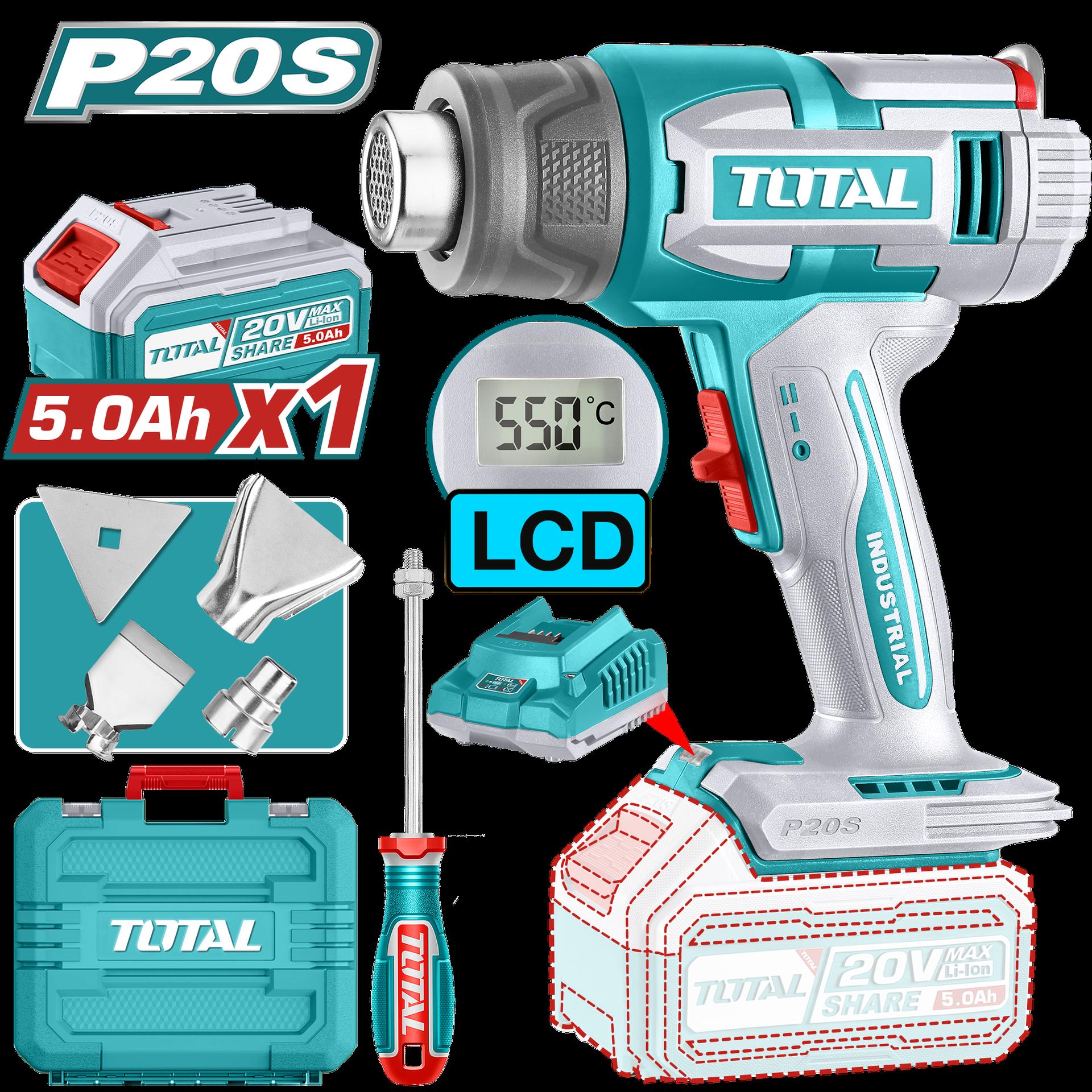 PISTOLA CALOR INALAMBRICA 20V INCLUYE 4 BOQUILLAS 1 BATERIA 5.0AH Y 1 CARGADOR INDUSTRIAL SUPER TOTAL (UTBLI20035)
