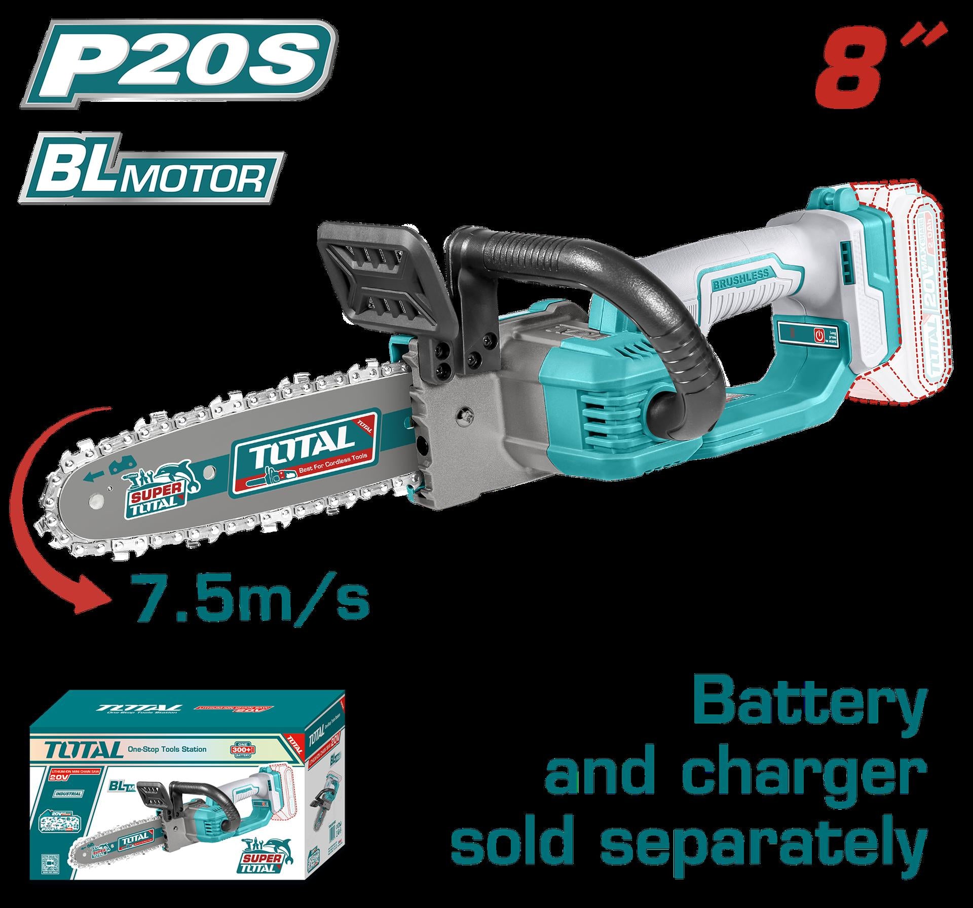 MOTOSIERRA INALAMBRICA 8" 20V INDUSTRIAL BATERIA Y CARGADO NO INCLUIDO SUPER TOTAL (TGSLI2085)