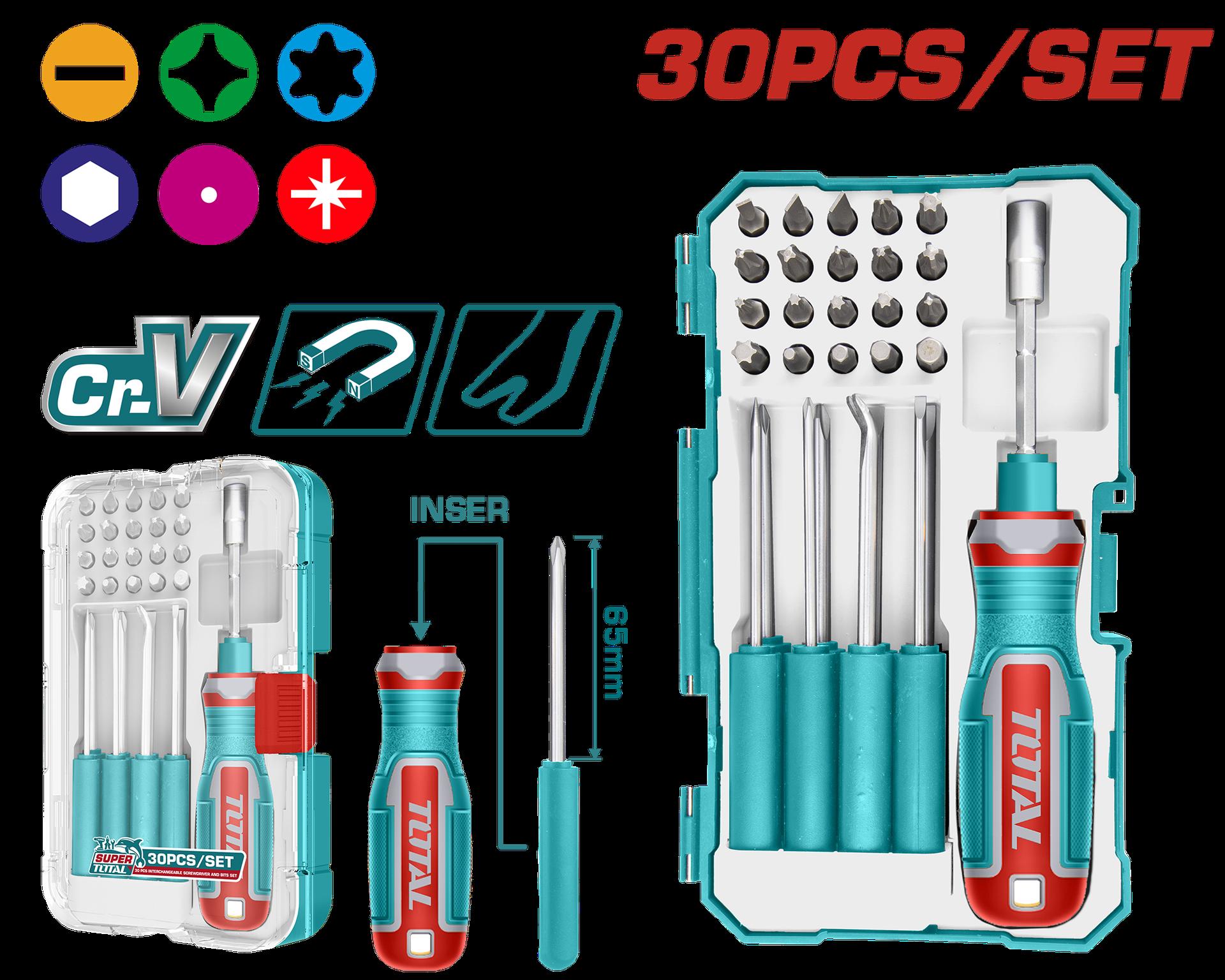 JUEGO DE DESTORNILLADORES PUNTAS INTERCAMBIABLES X 30 PZS SUPER TOTAL (TACSD30306)