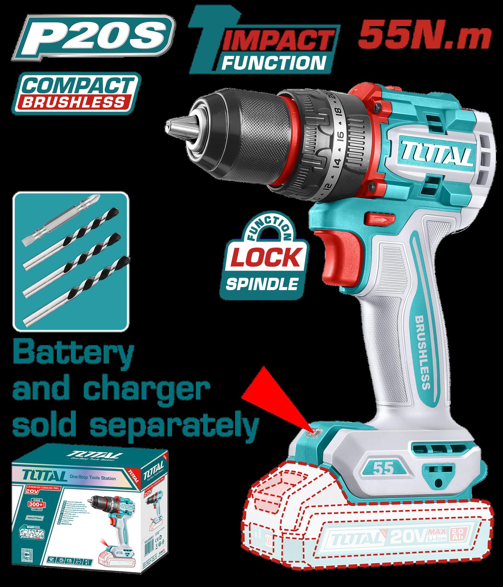 TALADRO INALAMBRICO PERCUTOR 1/2" 20V 55 N.M CARGADOR Y BATERIA NO INCLUIDO SUPER TOTAL (TIDLI205581)