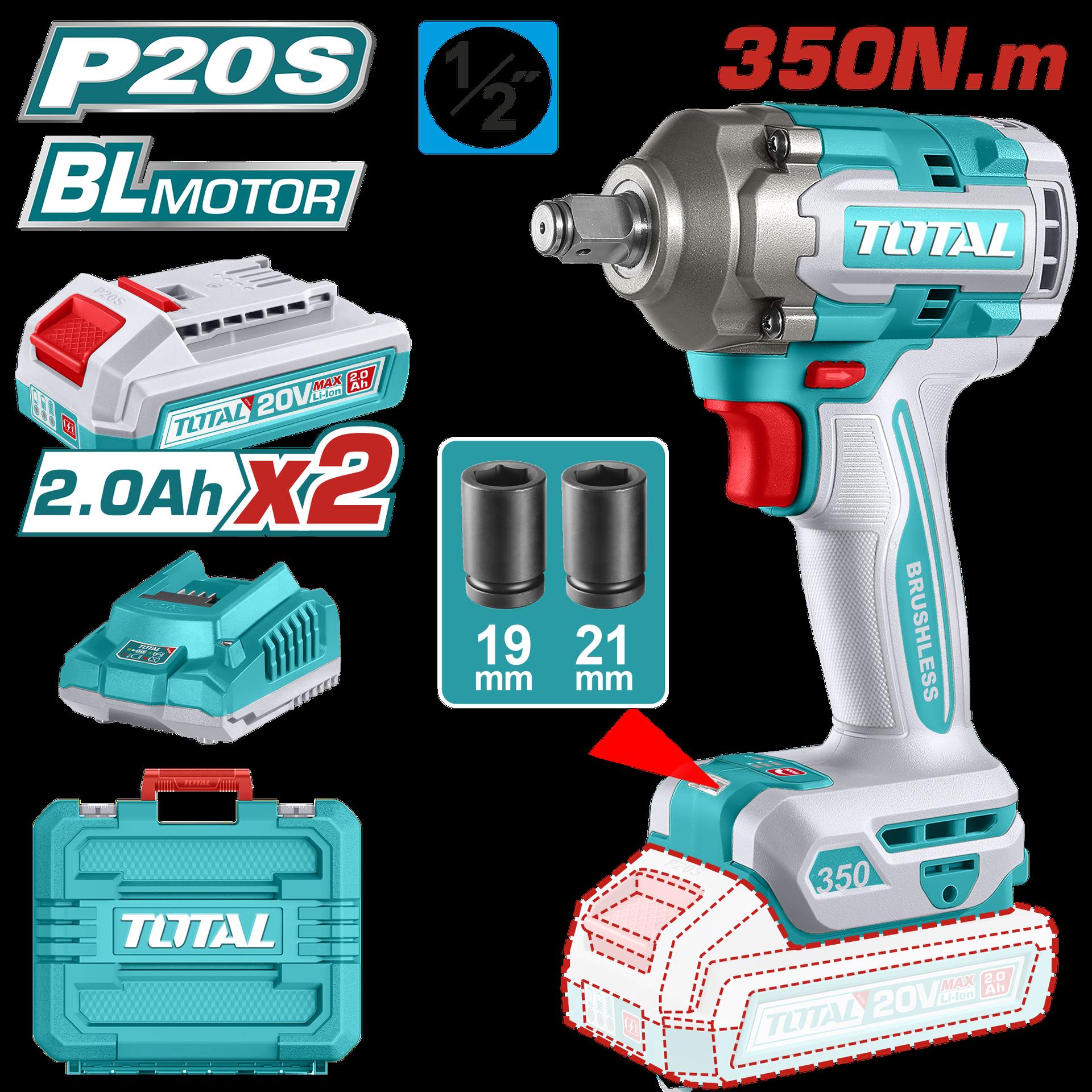 PISTOLA IMPACTO INALAMBRICO 1/2 20V 350NM INCLUYE 2 BATERIAS 1 CARGADOR Y 2 COPAS ,19,21 MM INDUSTRIAL SUPER TOTAL (UTIWLI2035)