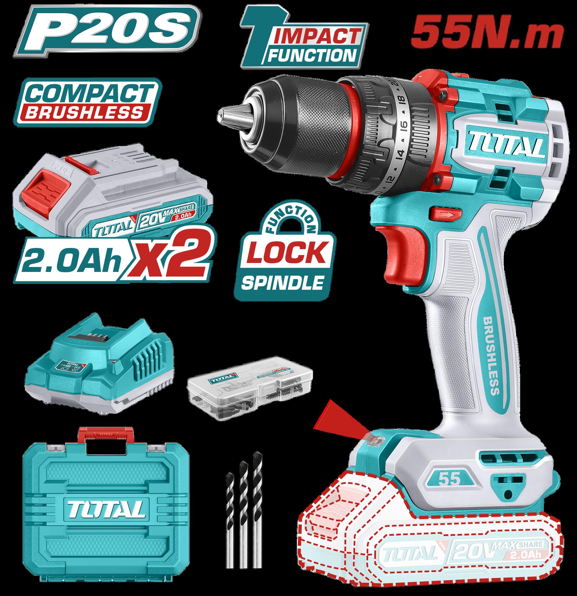 TALADRO INALAMBRICO PERCUTOR 1/2 20V 55 N.M INCLUYE 2 BATERIA DE 2.0AH, CARGADOR,47 ACCESORIOS,3 BROCAS CONCRETO INDUSTRIAL SUPER TOTAL (UTIDLI20558)