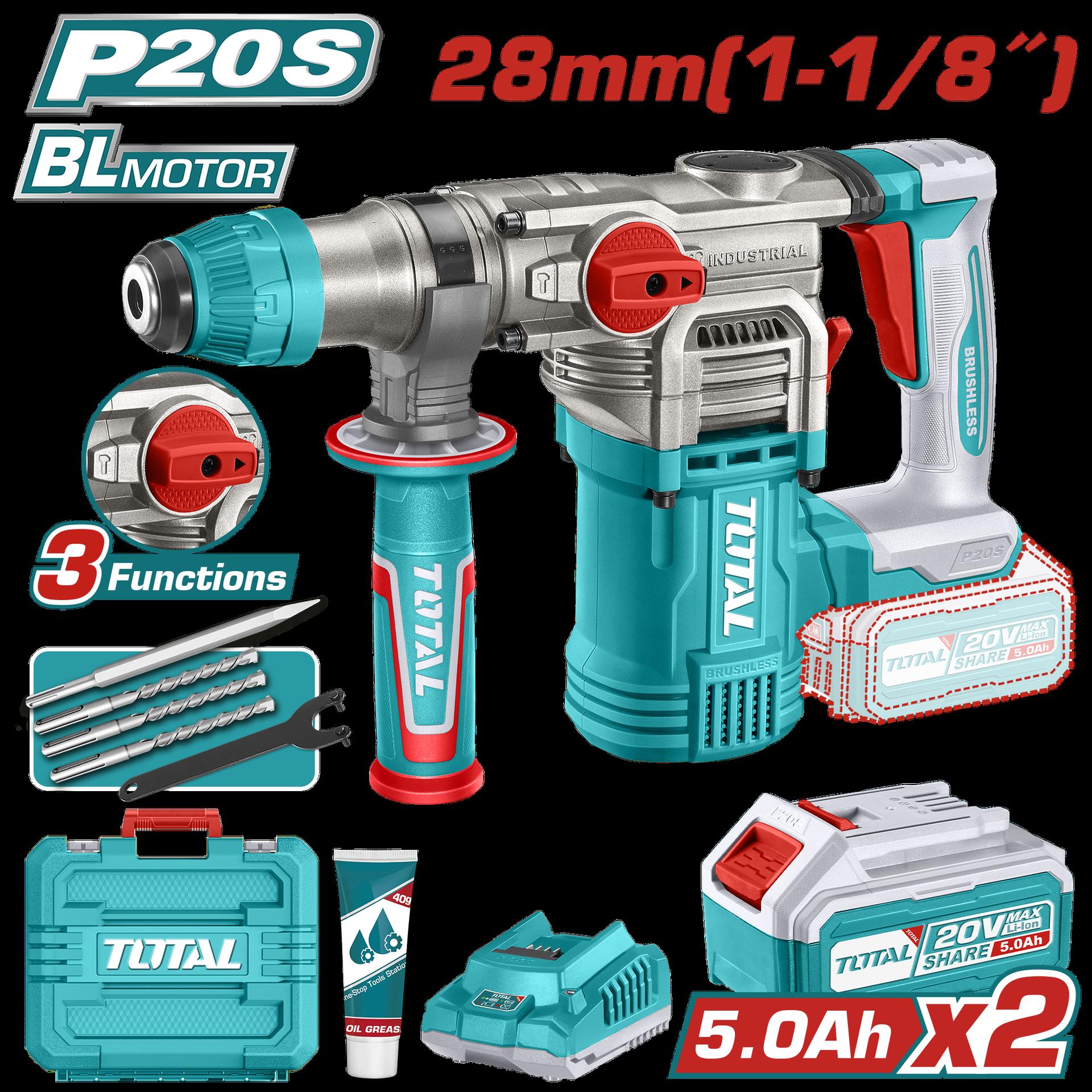 TALADRO ROTOMARTILLO SDS PLUS 4.5 JULES INCLYE 2 BATERIAS 5.0 AH, 1 CARGADOR Y ACCESORIOS INDUSTRIAL SUPER TOTAL (UTRHLI202885)