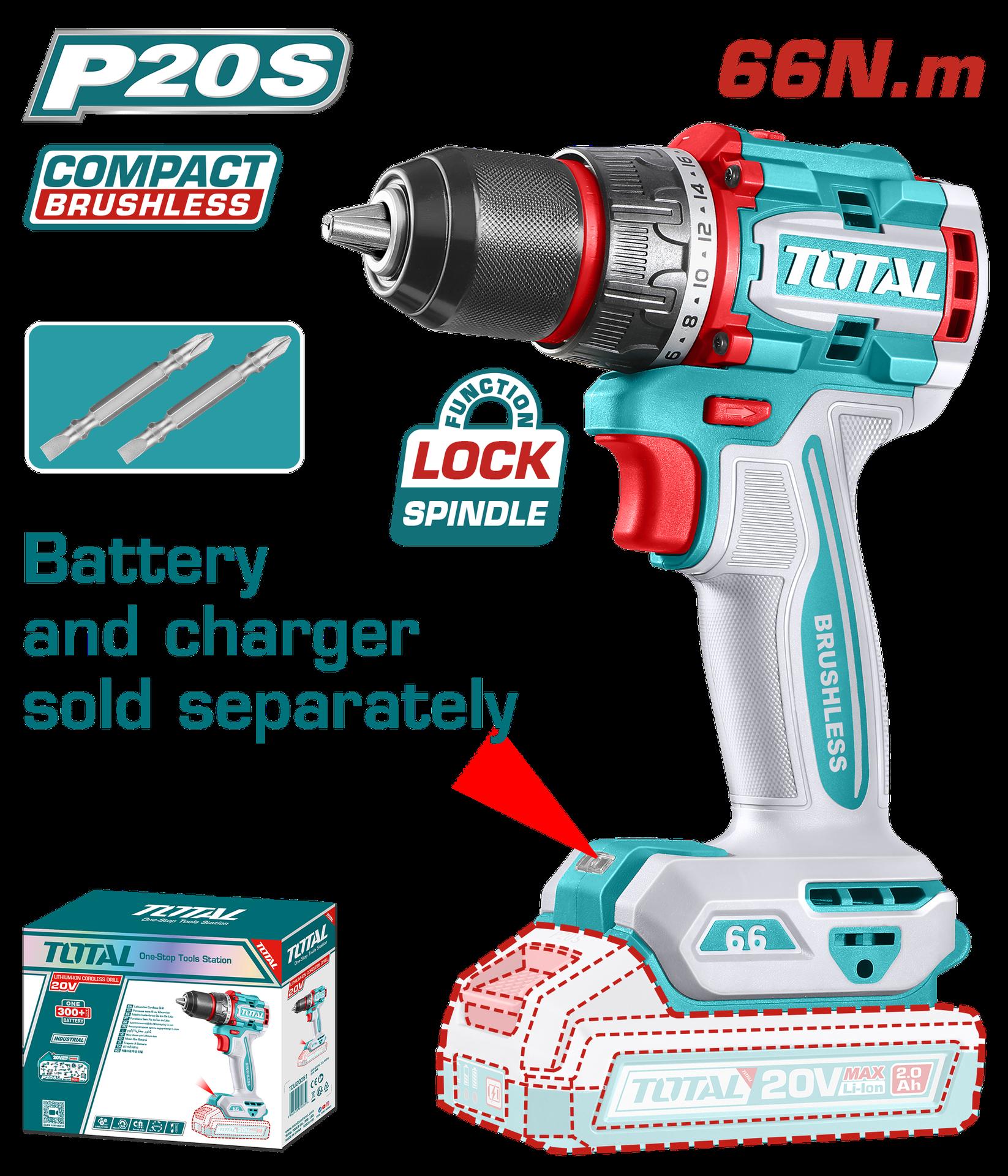 TALADRO INALAMBRICO 1/2 20V 66 N.M INCLUYE 2 PUNTA TALADRO BATERIA Y CARGADOR SE VENDE POR SEPARADO INDUSTRIAL SUPER TOTAL (TDLI206681)