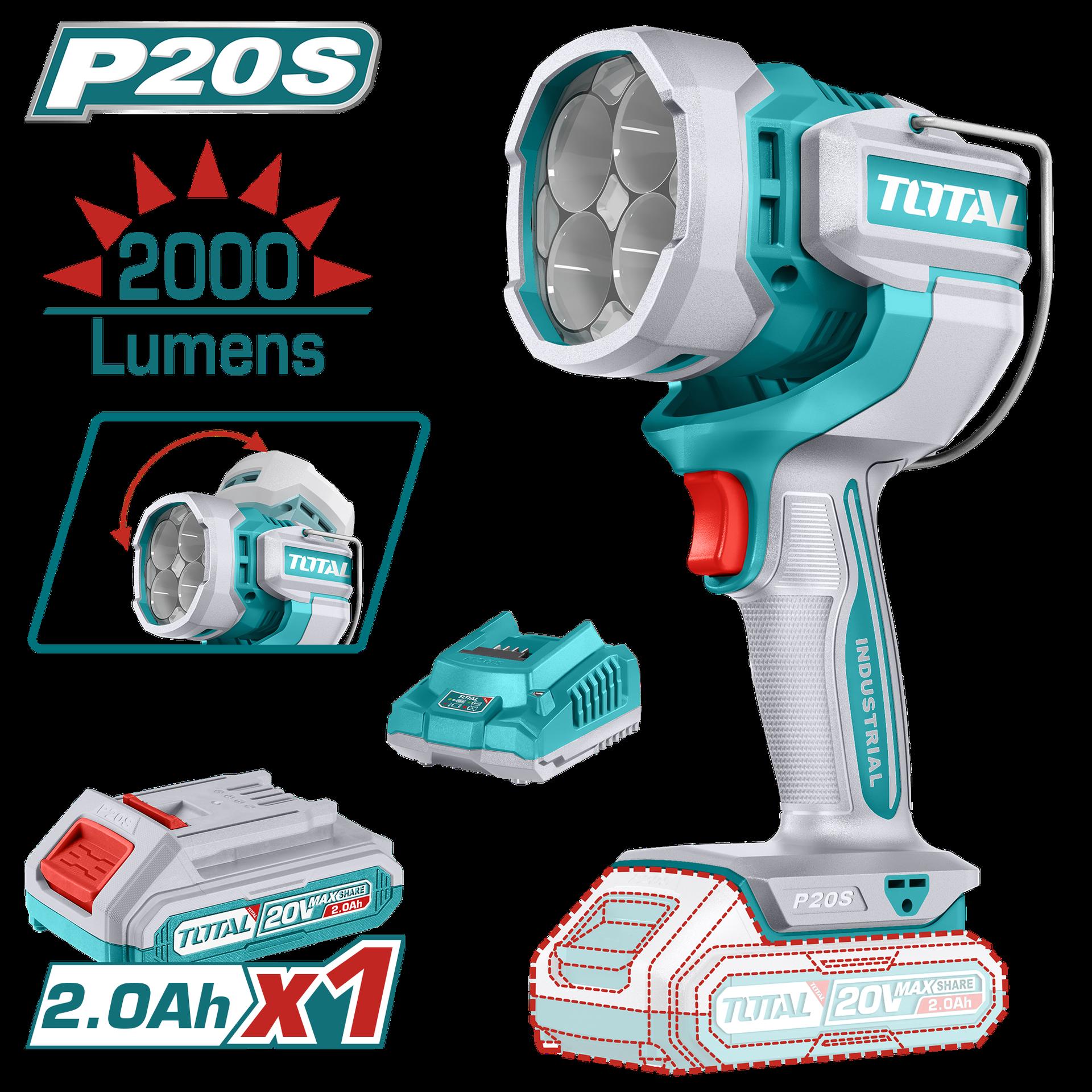LAMPARA DE TRABAJO INALAMBRICA 2000 LUMENES 20V INCLUYE BATERIA 2,0AH Y CARGADOR INDUSTRIAL SUPER TOTAL (UTWLI20881)