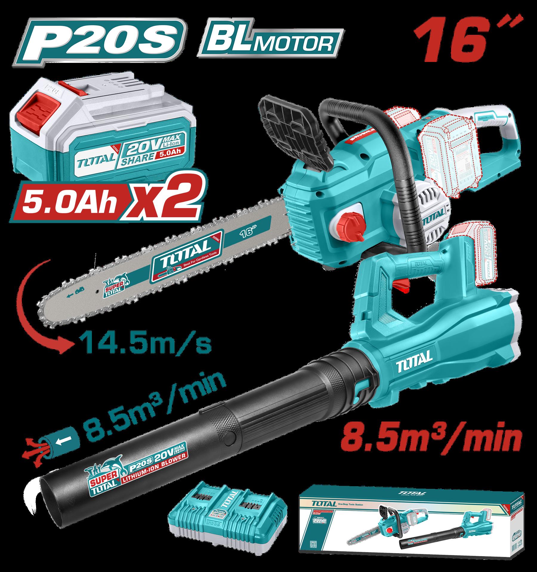 JUEGO DE MOTOSIERRA Y SOPLADORA INALAMBRICA 20V INCLUYE 2 BATERIAS 5,0 AH Y CARGADOR DOBLE INDUSTRIAL SUPER TOTAL (UTOSLI240463)