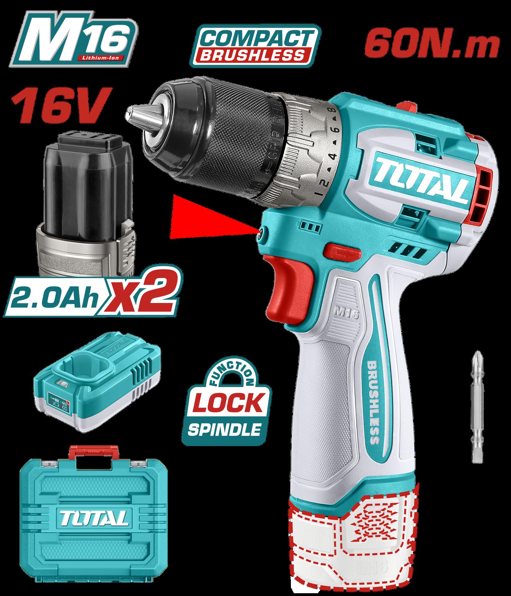 TALADRO INALAMBRICO 1/2 16V 60NM INCLUYE 2 BATERIAS 2,0AH Y CARGODOR INDUSTRIAL SUPER TOTAL (UTDLI16682)