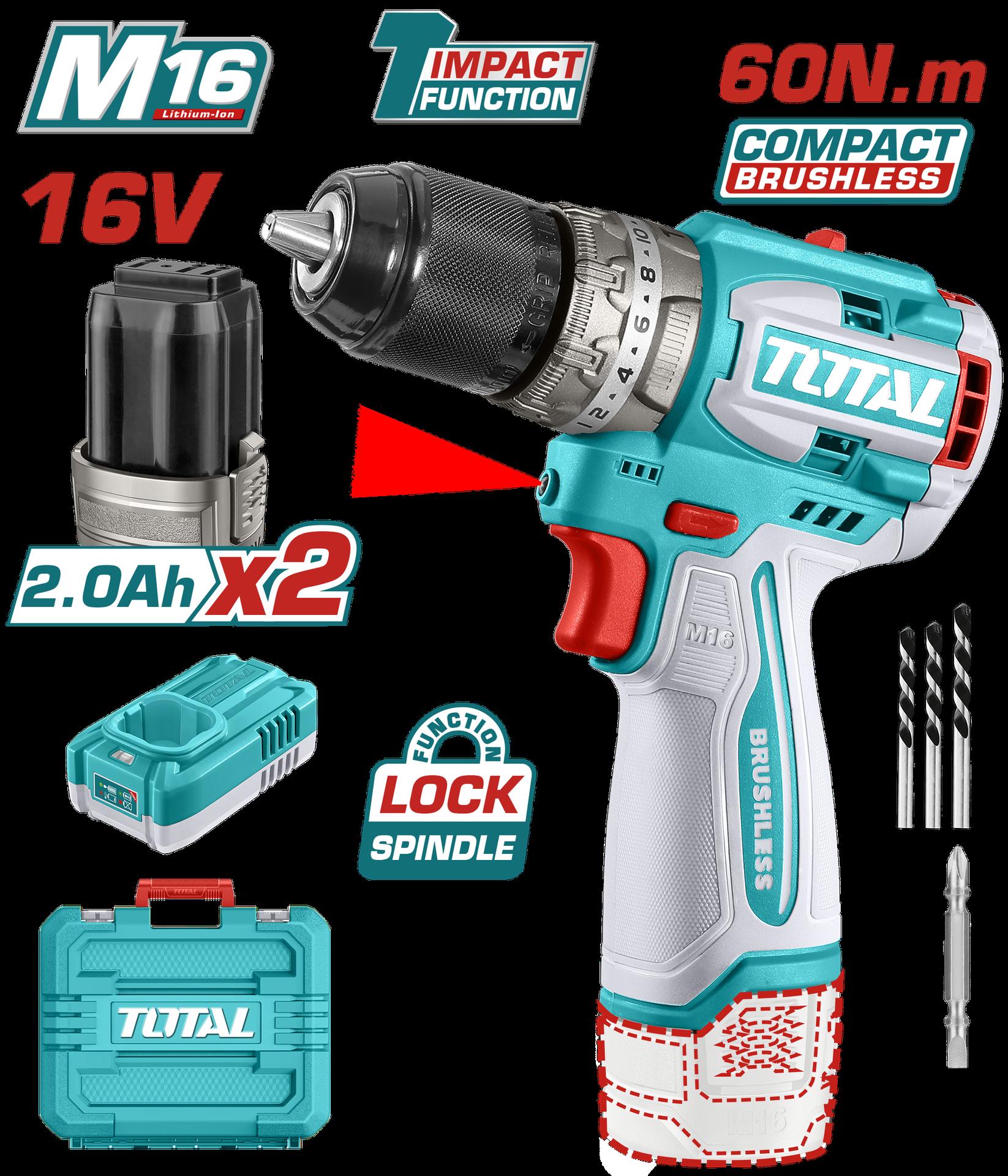 TALADRO INALAMBRICO PERCUTOR 1/2 16V 60NM INCLUYE 2 BATERIAS 2,0AH Y CARGODOR INDUSTRIAL SUPER TOTAL (UTIDLI16682)