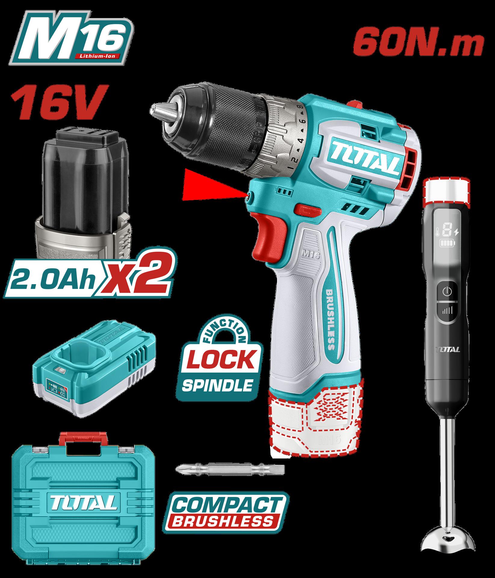 TALADRO INALAMBRICO 1/2 16V 60NM INCLUYE 2 BATERIAS 2,0AH + CARGODOR + BATIDORA DE MANO INDUSTRIAL SUPER TOTAL (UTCKLI1628)