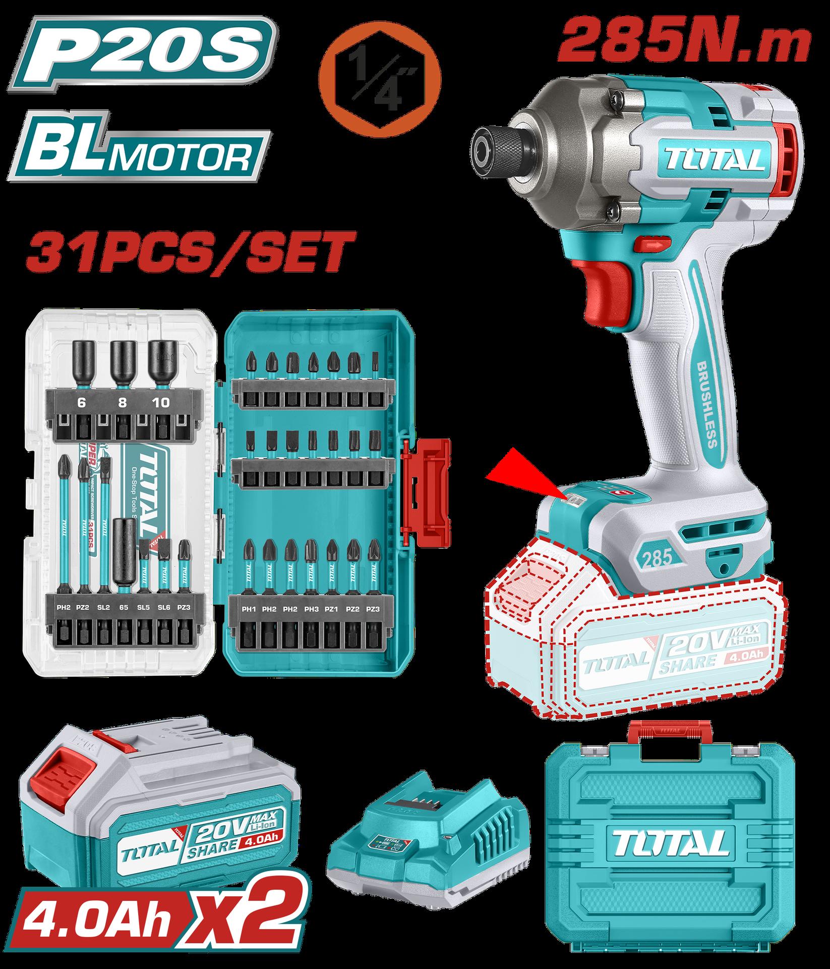 ATORNILLADOR DE IMPACTO INALAMBRICO 1/4 20V 285NM + JUEGO DE PUNTAS X 31 PZS INCLUYE 2 BATERIAS 4.0AH Y CARGADOR INDUSTRIAL SUPER TOTAL (UTOSLI240966)