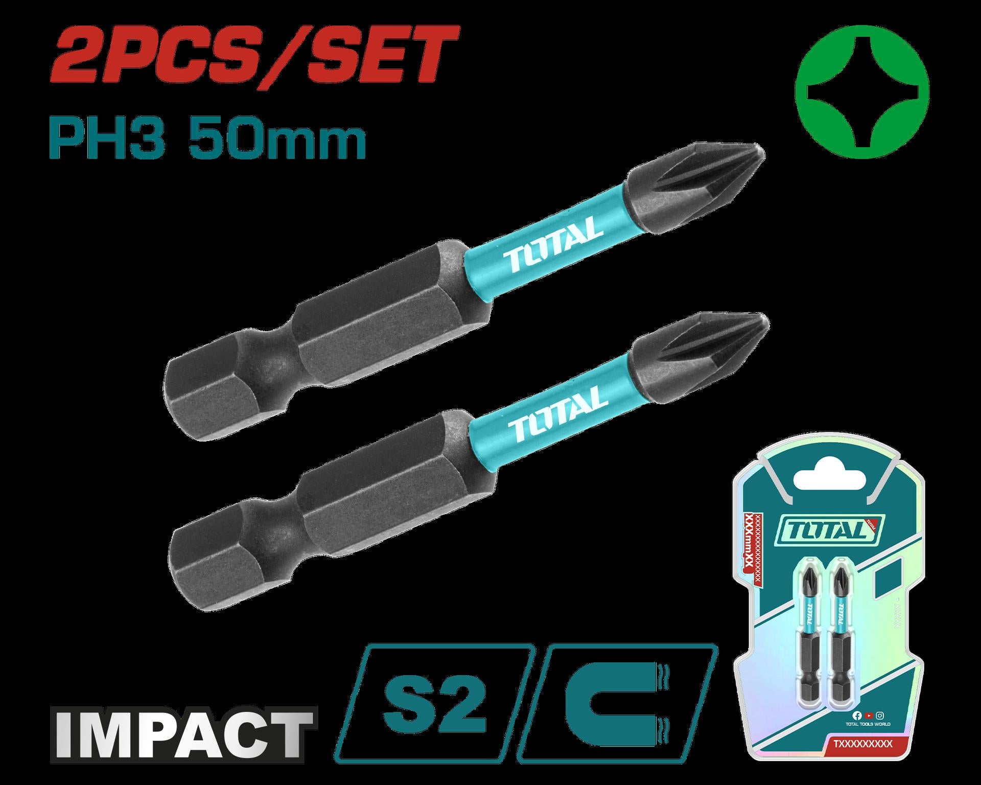 PUNTAS TALADRO DOBLE IMANTADA 50MM (+) (+) JUEGO X 2 PZS INDUSTRIAL SUPER TOTAL (TACIM71PH350)