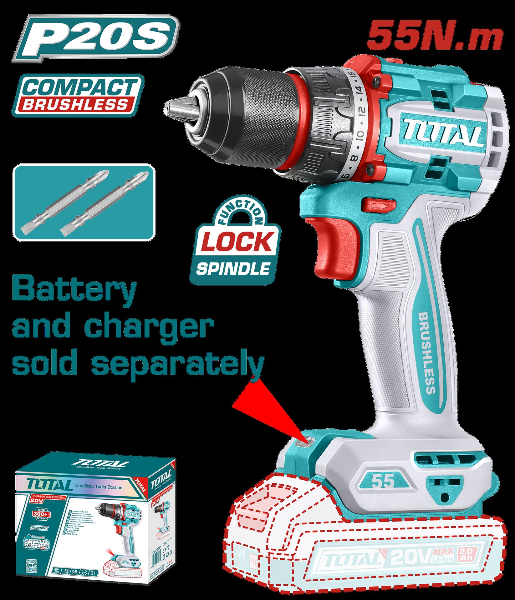 TALADRO INALAMBRICO 1/2" 20V 55 N.M CARGADOR Y BATERIA NO INCLUIDO SUPER TOTAL (TDLI205581)