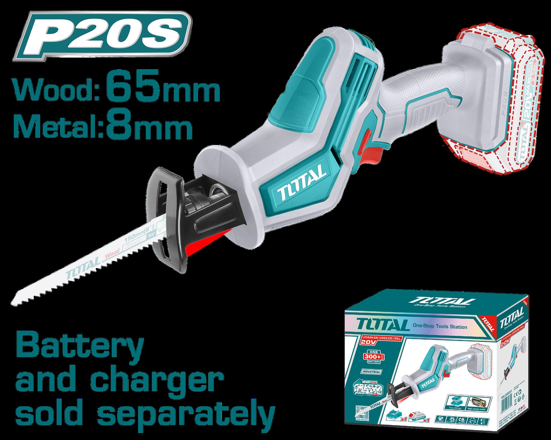 SIERRA SABLE INALAMBRICA 20V (CAPACIDAD DE CORTE METAL:8MM-MADERA 65MM) BATERIA Y CARGADOR NO INCLUIDO TOTAL (TRSLI6506)