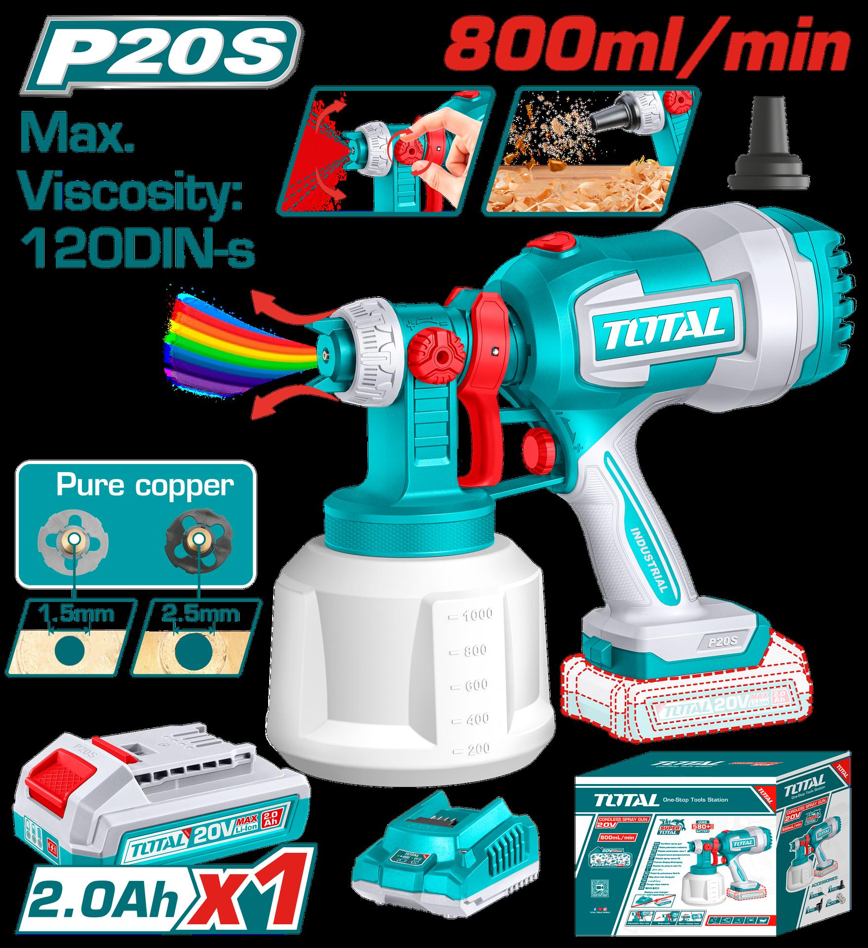 PISTOLA PINTAR INALAMBRICA 800ML 20V INCLUYE BATERIA 20V, CARGADOR, AGUJA DE LIMPIEZA Y DOS BOQUILLAS, TOTAL