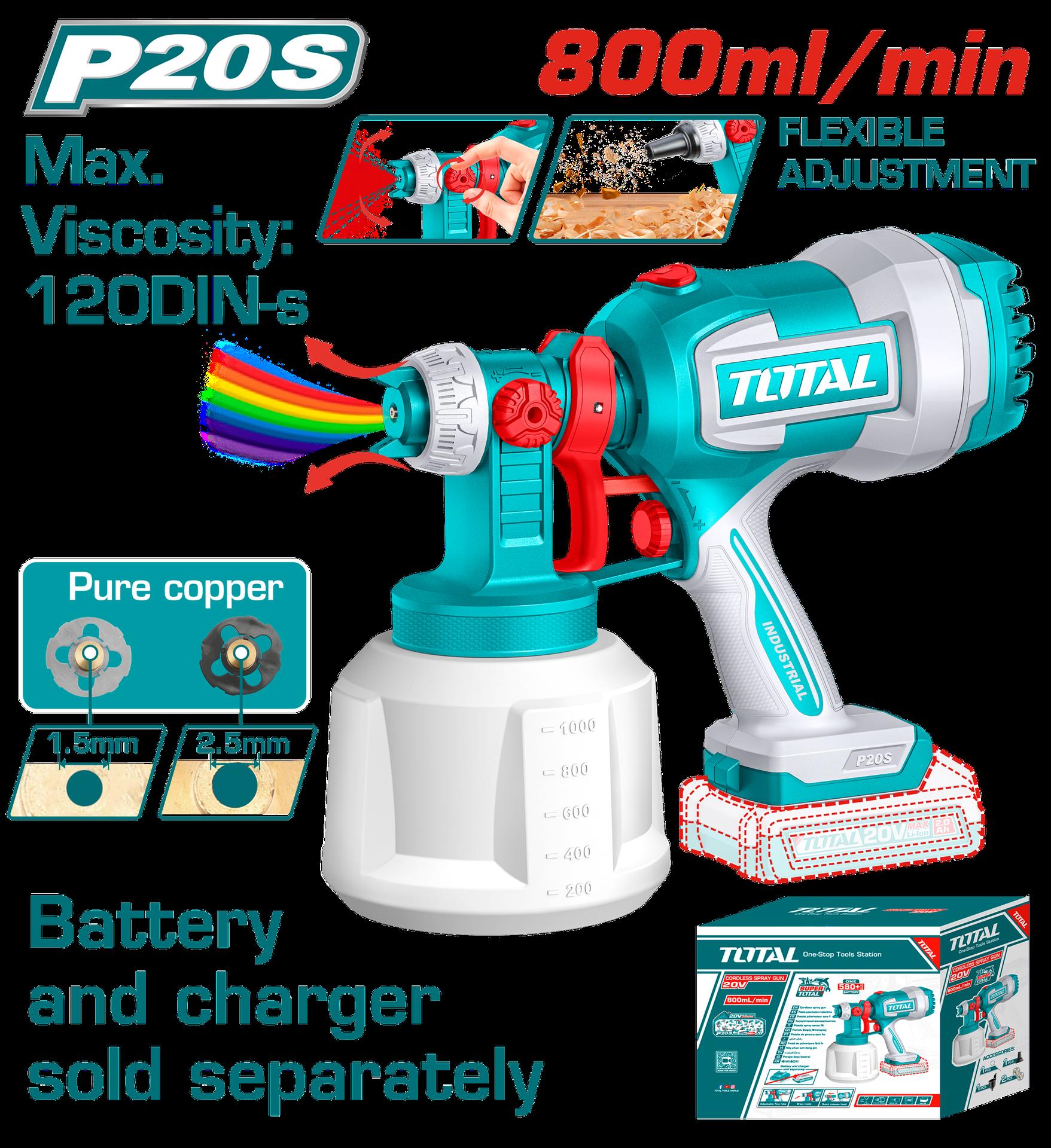 PISTOLA PINTAR INALAMBRICA 800ML 20V INCLUYE AGUJA DE LIMPIEZA Y DOS BOQUILLAS, BATERIA Y CARGADOR NO INCLUIDO TOTAL