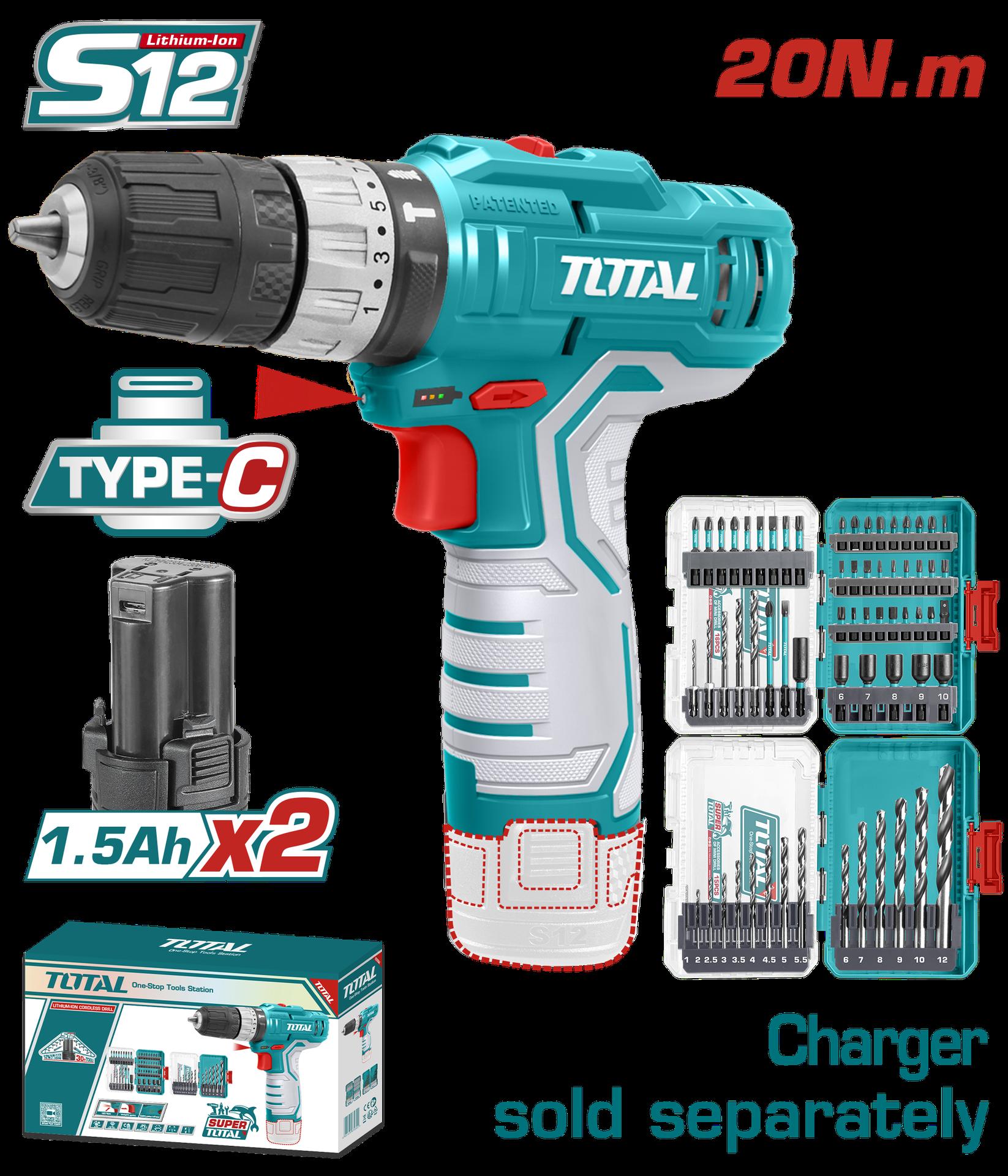TALADRO INALAMBRICO 3/8 12V 20 N.M INCLUYE 2 BATERIA DE 2.0 AH + PUNTA TALADRO Y BROCA INDUSTRIAL SUPER TOTAL