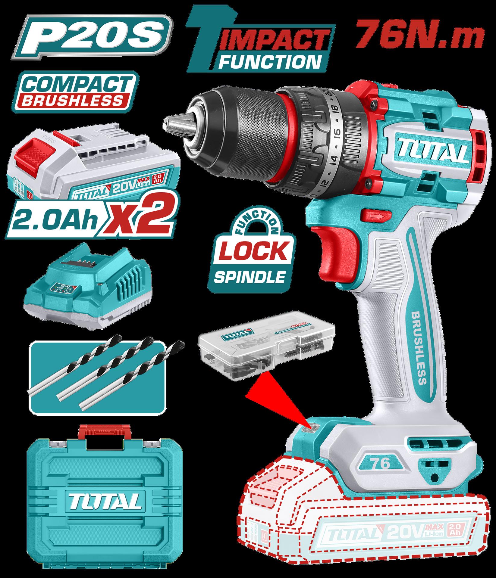 TALADRO INALAMBRICO PERCUTOR 1/2 20V 76 N.M INCLUYE 2 BATERIA DE 2.0AH, CARGADOR,47 ACCESORIOS,3 BROCAS CONCRETO INDUSTRIAL