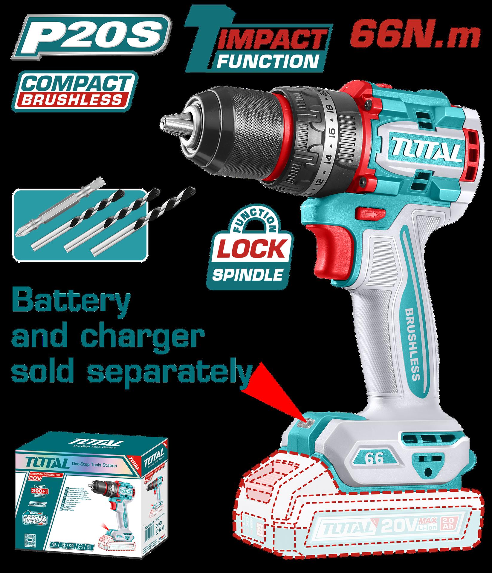 TALADRO PERCUTOR ATORNILLADOR INALAMBRICO 1/2 20V 66 NM BATERIA Y CARGADOR SE VENDEN POR SEPARADO, INCLUYE 4 ACCESORIOS INDUSTRIAL SUPER TOTAL (TIDLI206681)