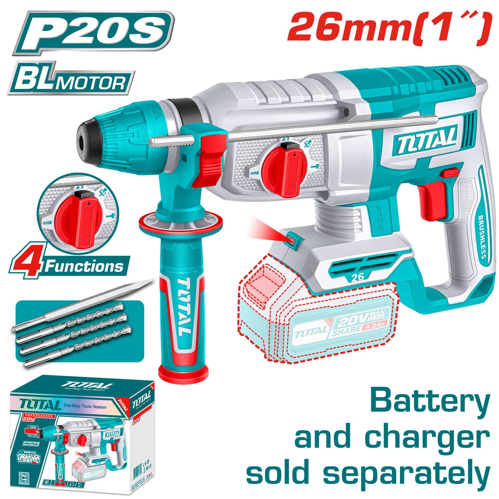 TALADRO ROTOMARTILLO 1" 20V SDS PLUS 2,5 JULES INCLUYE 3 BROCAS Y 1 CINCEL CARGADOR Y BATERIA NO INCLUIDO INDUSTRIAL TOTAL