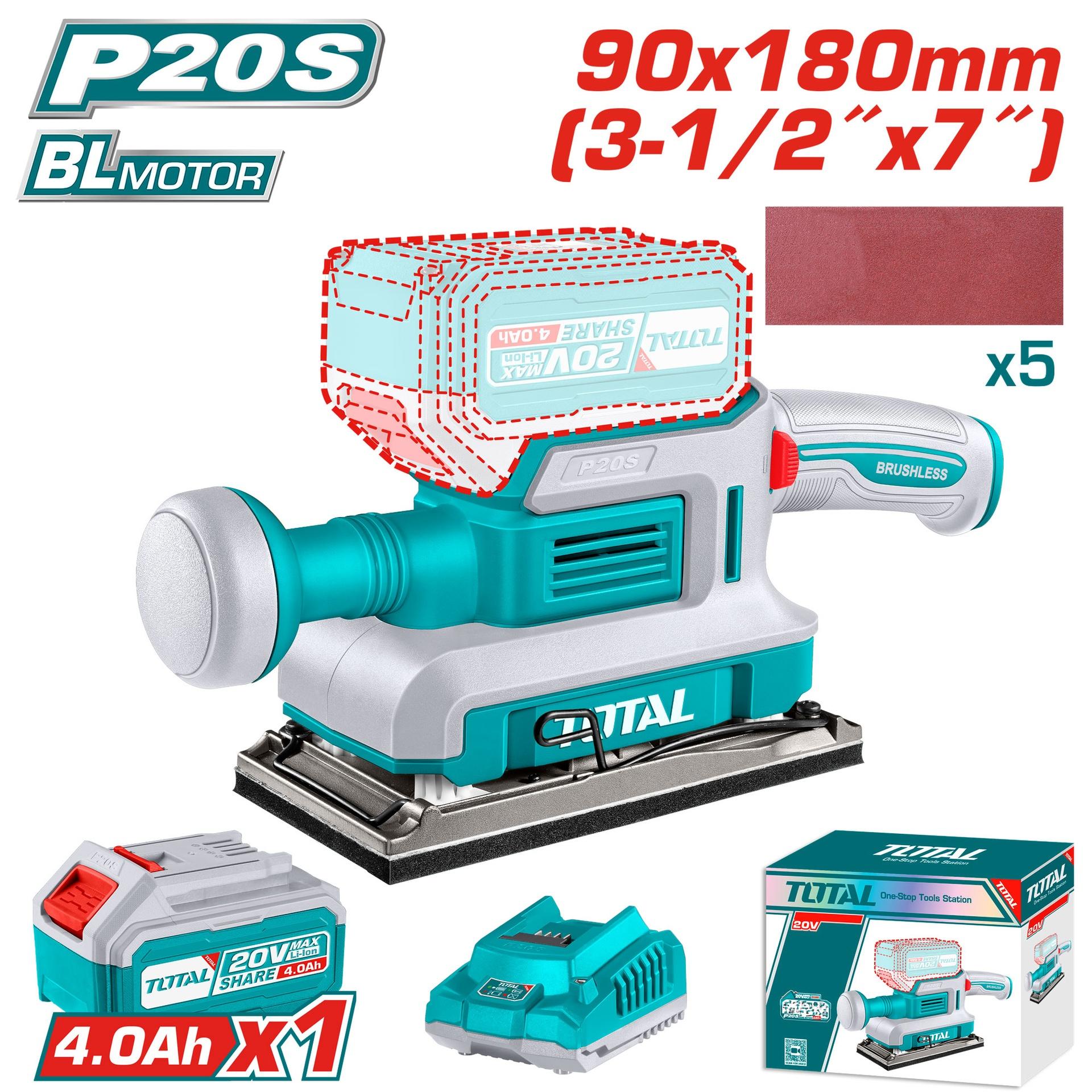 LIJADORA DE PALMA INALAMBRICA 3-1/2 X 7" 20V INCLUYE 1 BATERIA 4.0AH , CARGADOR Y 5 LIJAS INDUSTRIAL SUPER TOTAL (UTFSLI20311)