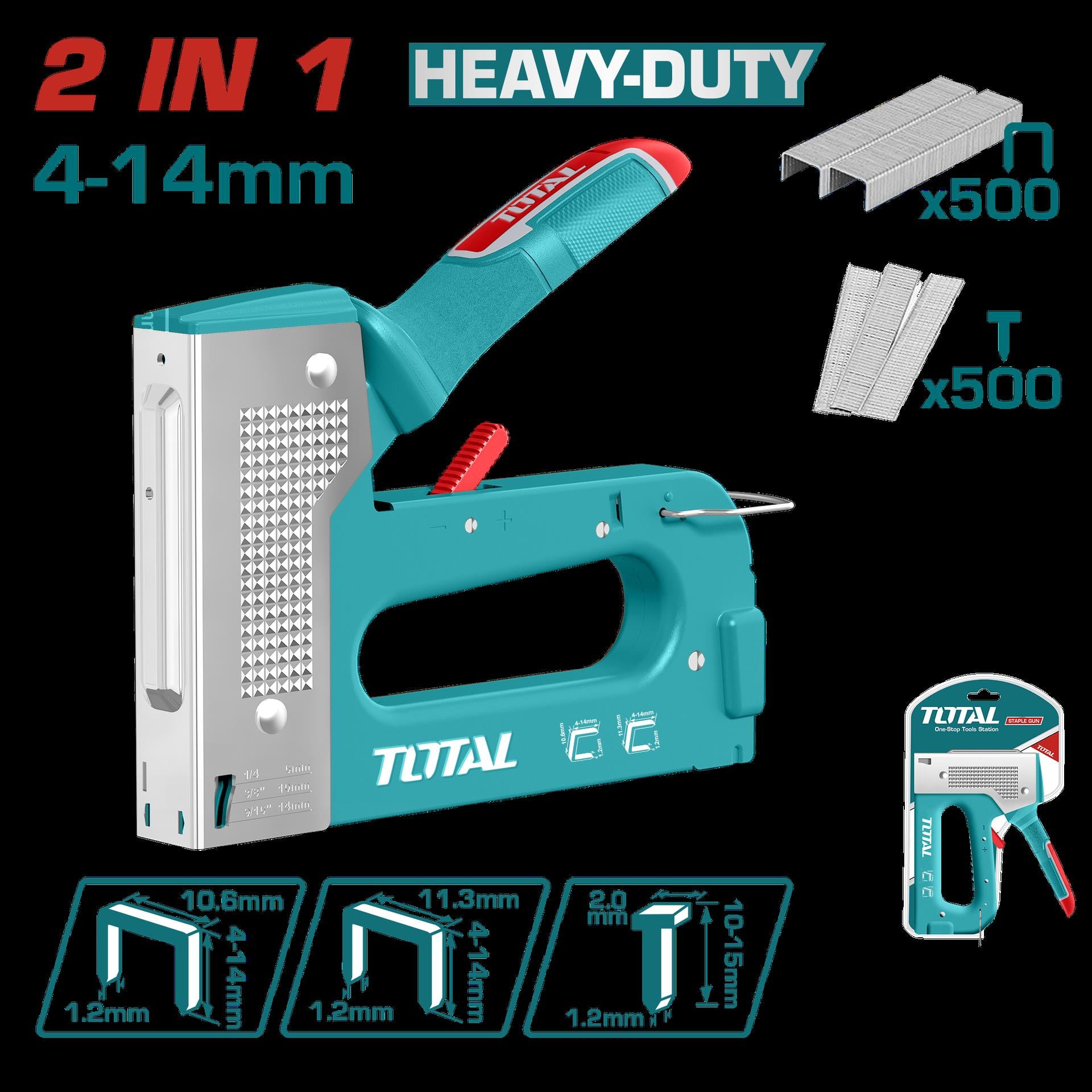 GRAPADORA 2 EN 1 (4 - 14 MM) INCLUYE 500 GRAPAS Y 500 CLAVOS INDUSTRIAL TOTAL (THT31148)