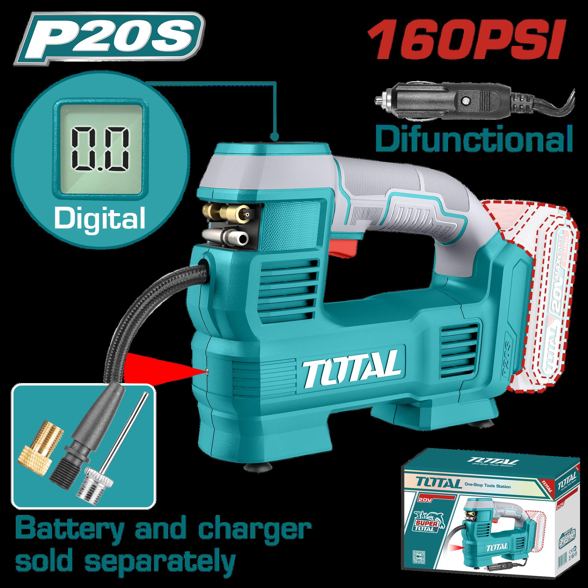 COMPRESOR MINI INALAMBRICO DIGITAL 20V 160PSI AUTOMATICO PARA CARRO BATERIA Y CARGADOR NO INCLUIDO TOTAL (TACLI2012)
