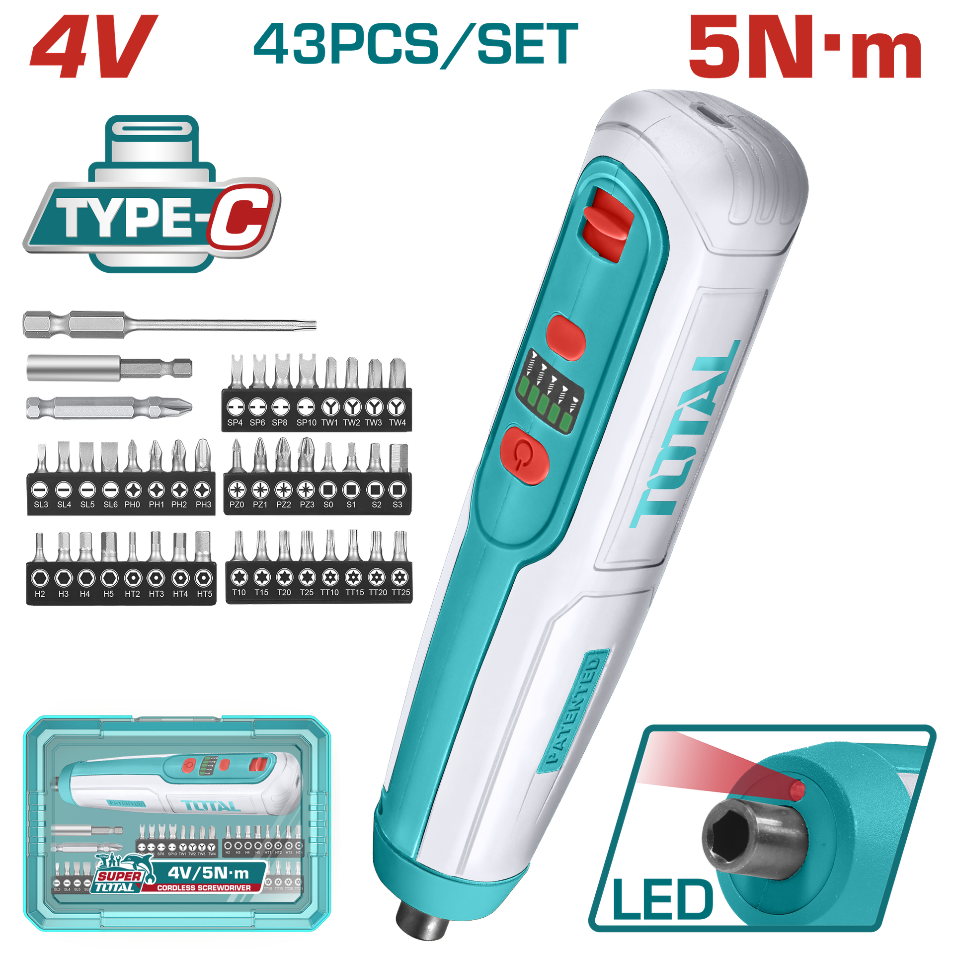 ATORNILLADOR INALAMBRICO 4V 5NM CAJA PLASTICA 43PZS  SUPER TOTAL (TSDLI04062)