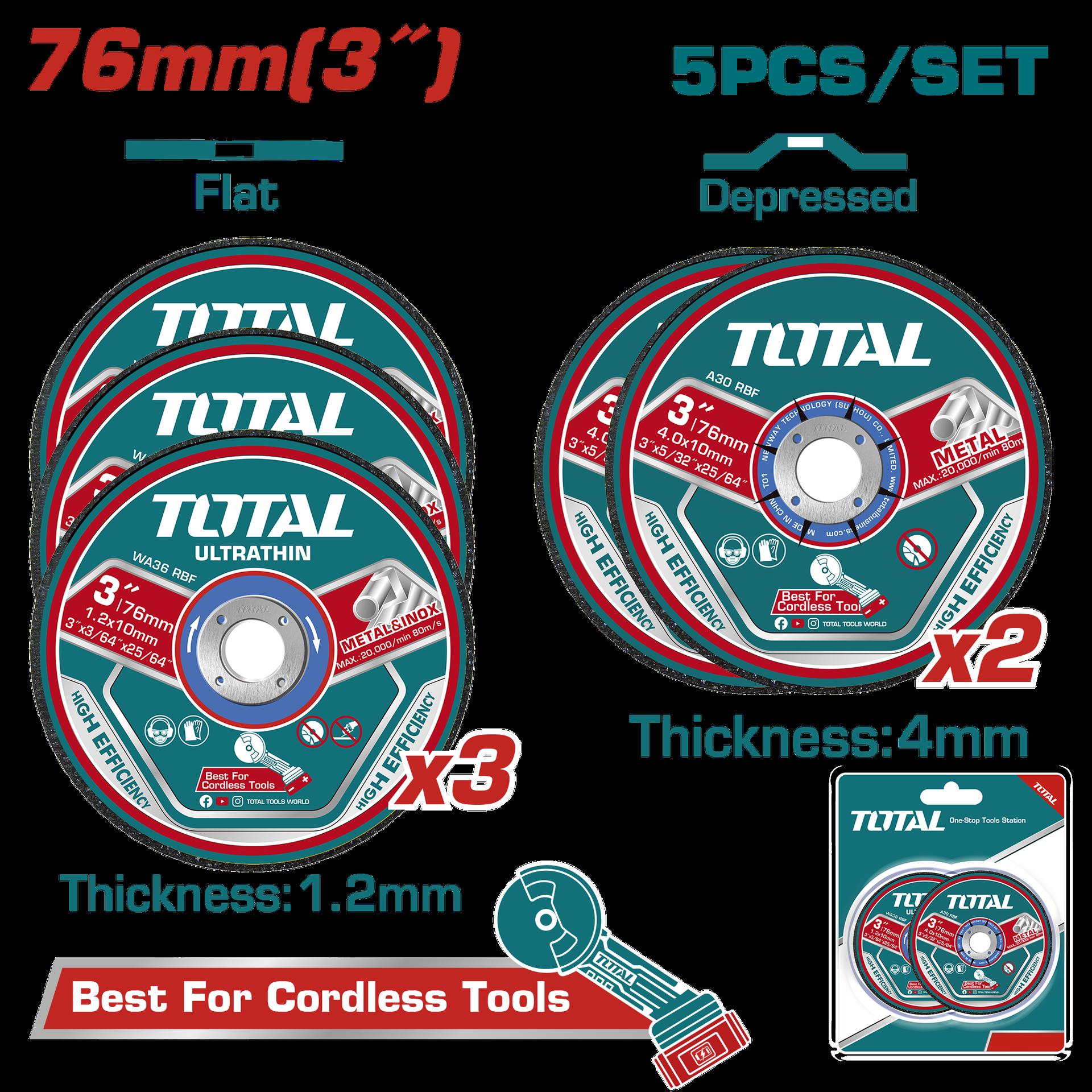 JUEGO DE DISCOS DE CORTE Y DESBASTE 3" X 5 PCS (3 DE CORTE Y 2 DE DESBASTE) SUPER TOTAL (TAC303768)