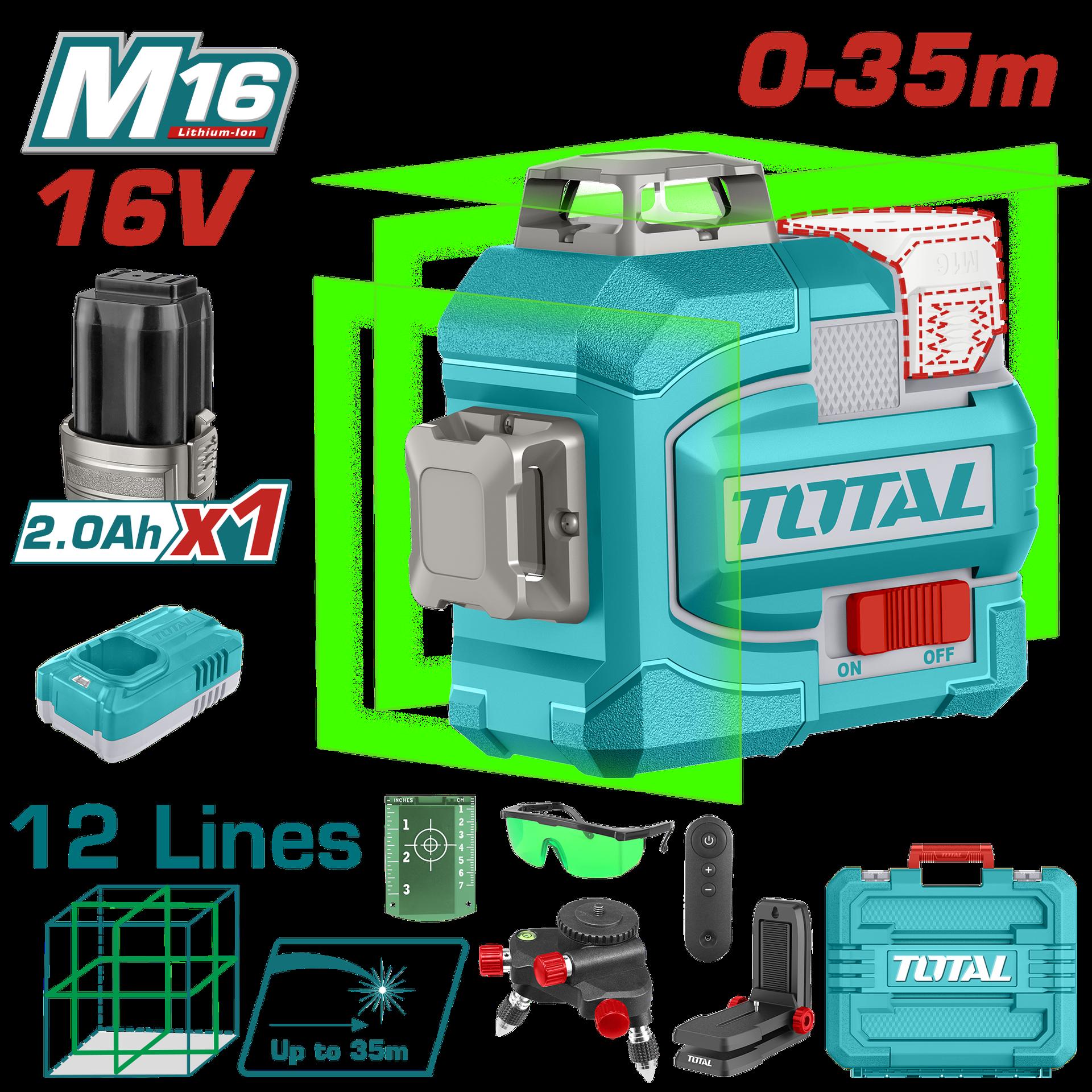 NIVEL LASER 0-35M  LUZ VERDE  3D 12 LINEAS 16V INDUSTRIAL SUPER TOTAL (UTLL301201)