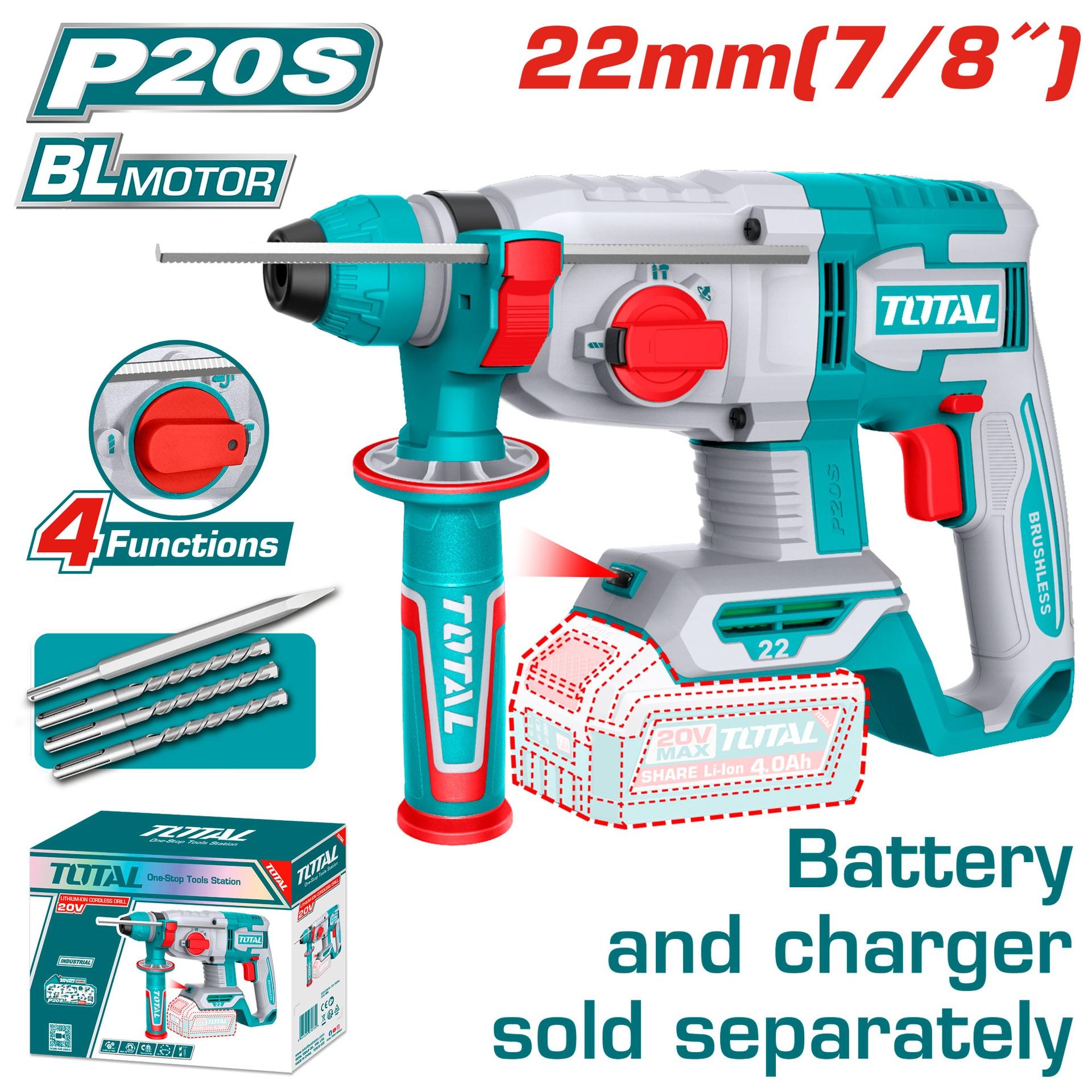 TALADRO ROTOMARTILLO SDS PLUS 7/8" 20V 4.5 JULES INCLUYE ACCESORIOS BATERIA Y CARGADOR NO INCLUIDO INDUSTRIAL SUPER TOTAL (TRHLI21228)