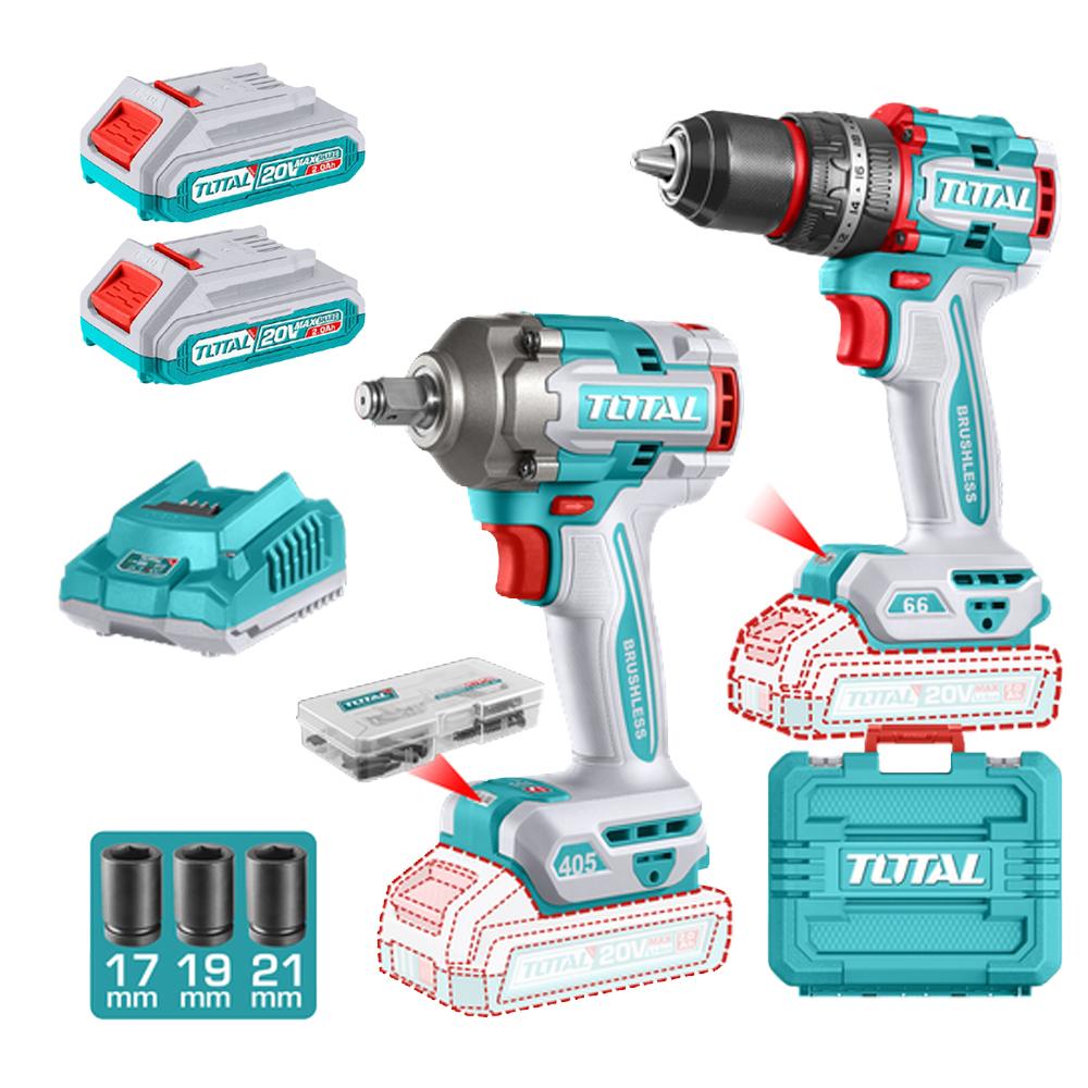 COMBO INALAMBRICO TALADRO 1/2" 66 NM + PISTOLA IMPACTO 1/2" 20V 405 N.M  INCLUYE 2 BATERIAS 2.0AH , 1 CARGADOR Y ACCESORIOS SUPER TOTAL (UTCKLI20286)