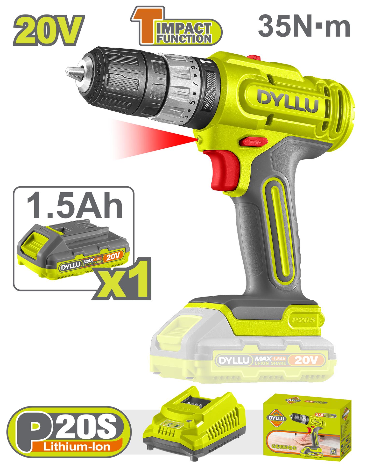 TALADRO INALAMBRICO 1/32/3/8" 20V 35NM INCLUYE 1 BATERIA 1.5AH, 1CARGADOR DYLLU (UDTCDP521)
