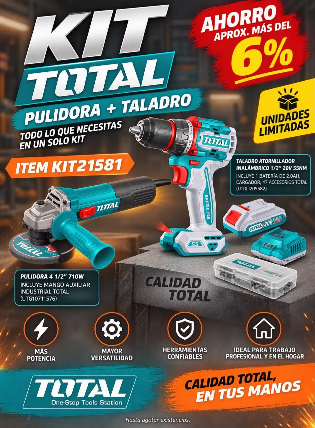 KIT TOTAL PULIDORA 4 1/2  710W AUXILIAR  INDUSTRIAL TOTAL (UTG10711576) + TALADRO ATORNILLADOR INALAMBRICO 1/2 20V 55 NM INCLUYE 1 BATERIA DE 2.0AH, CARGADOR,47 ACCESORIOS TOTAL (UTDLI205582)  Item: KIT21581