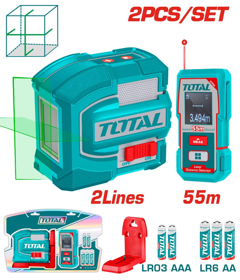 KIT DE NIVEL LASER 0-35M  LUZ VERDE 2 LINEAS(TLL156601) + MEDIDOR DE DISTANCIAS LASER 55MTS (TMT550166) INDUSTRIAL TOTAL (TLL260403)  Item: 23894