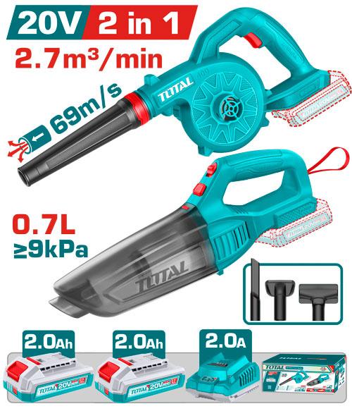 COMBO INALAMBRICO 20V SOPLADORA + ASPIRADORA DE MANO 0,7L INCLUYE 2 BATERIAS 2.0AH Y CARGADOR TOTAL (UTOSLI240999)  Item: 23933