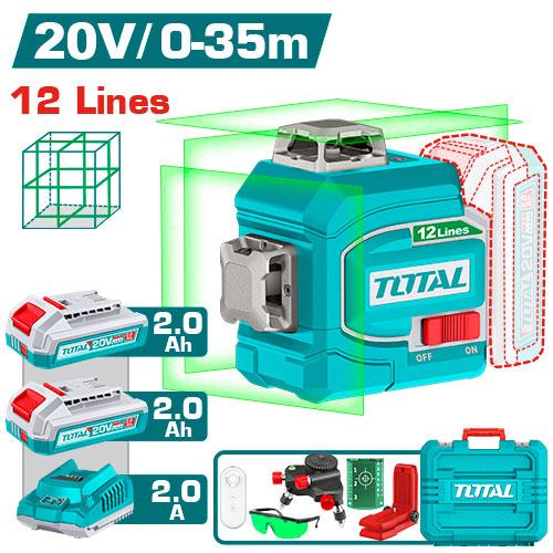 NIVEL LASER 0-35M  LUZ VERDE  3D 12 LINEAS 20V INCLUYE 2 BATERIAS 2.0AH Y CARGADOR INDUSTRIAL TOTAL (UTLL3012165)  Item: 23767