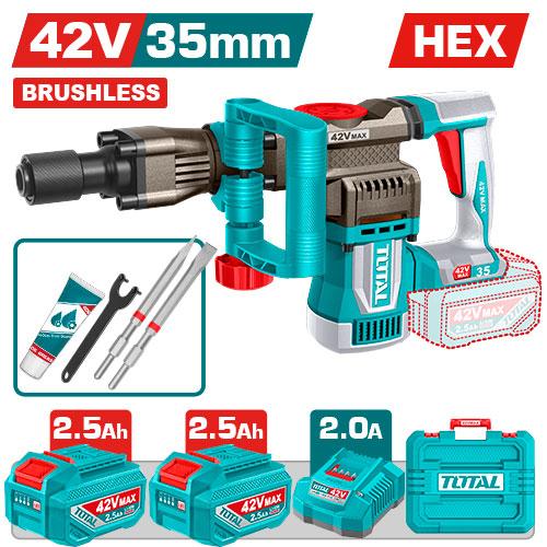 DEMOLEDOR SDS HEX INALAMBRICO 42V 18J INCLYE  2 BATERIAS 2.5AH, 1 CARGADOR  Y ACCESORIOS INDUSTRIAL SUPER TOTAL (UTDBLI423582)  Item: 23869