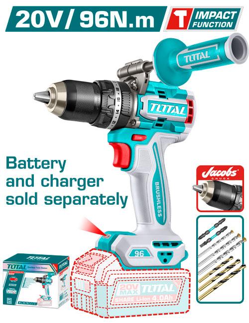TALADRO DE IMPACTO INALAMBRICO 1/2 96NM 20V INCLUYE MANGO AUXILIAR Y ACCESORIOS, BATERIA  CARGADOR SE VENDE POR SEPARADO, INDUSTRIAL SUPER  TOTAL (TIDLI209687)  Item: 23863