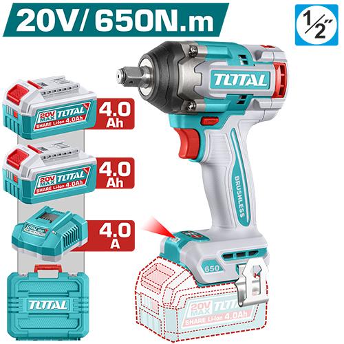 PISTOLA IMPACTO INALAMBRICA 1/2"" 20V 650NM INCLUYE 2 BATERIAS 4.0AH 1 CARGADOR  INDUSTRIAL SUPER TOTAL (UTIWLI2065)  Item: 23823