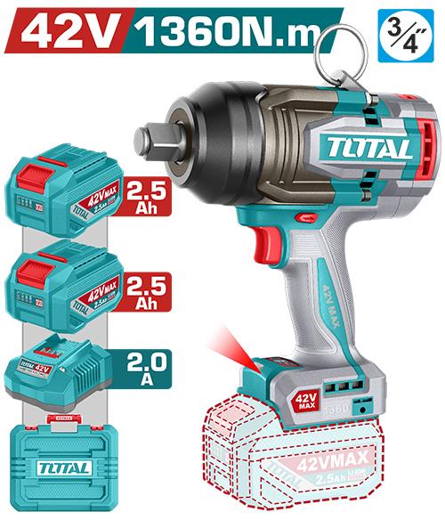 PISTOLA IMPACTO INALAMBRICA 3/4"" 42V 1360NM CAJA PLASTICA INCLUYE 2 BATERIA 2.5AH , 1 CARGADOR  INDUSTRIAL SUPER TOTAL (UTIWLI421362)  Item: 23800