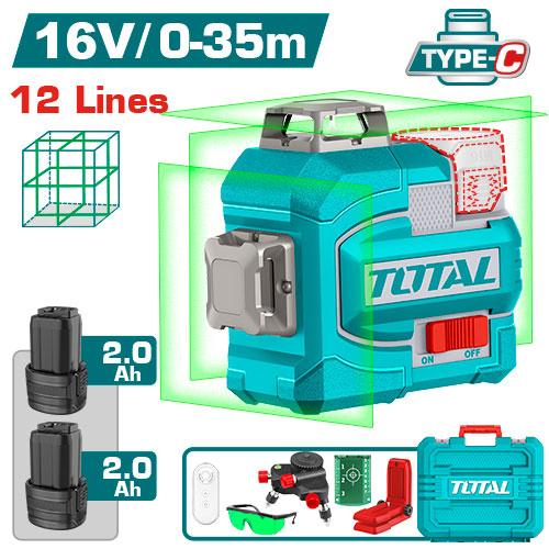 NIVEL LASER 0-35M  LUZ VERDE  3D 12 LINEAS 16V INCLUYE 2 BATERIAS 2.0AH RECARGABLE TIPO USB-C  INDUSTRIAL TOTAL (TLL301205)  Item: 23768