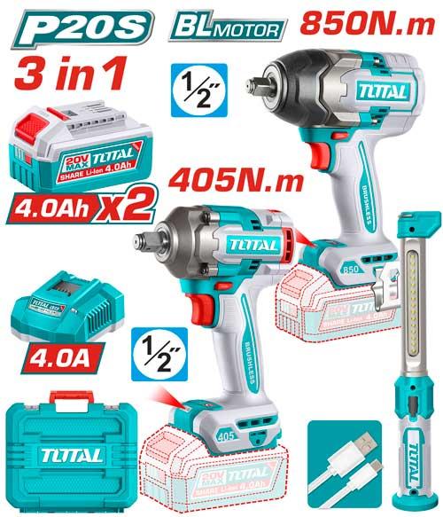 COMBO INALAMBRICO 20V PISTOLA IMPACTO INALAMBRICO 1/2 850NM + PISTOLA IMPACTO INALAMBRICA 1/2 405 NM + LAMPARA DE TRABAJO 300 LUMENES RECARGABLE +2 BATERIA 4.0 AH   Y CARGADOR INDUSTRIAL SUPER TOTAL (UTOSLI260285)  Item: 23831